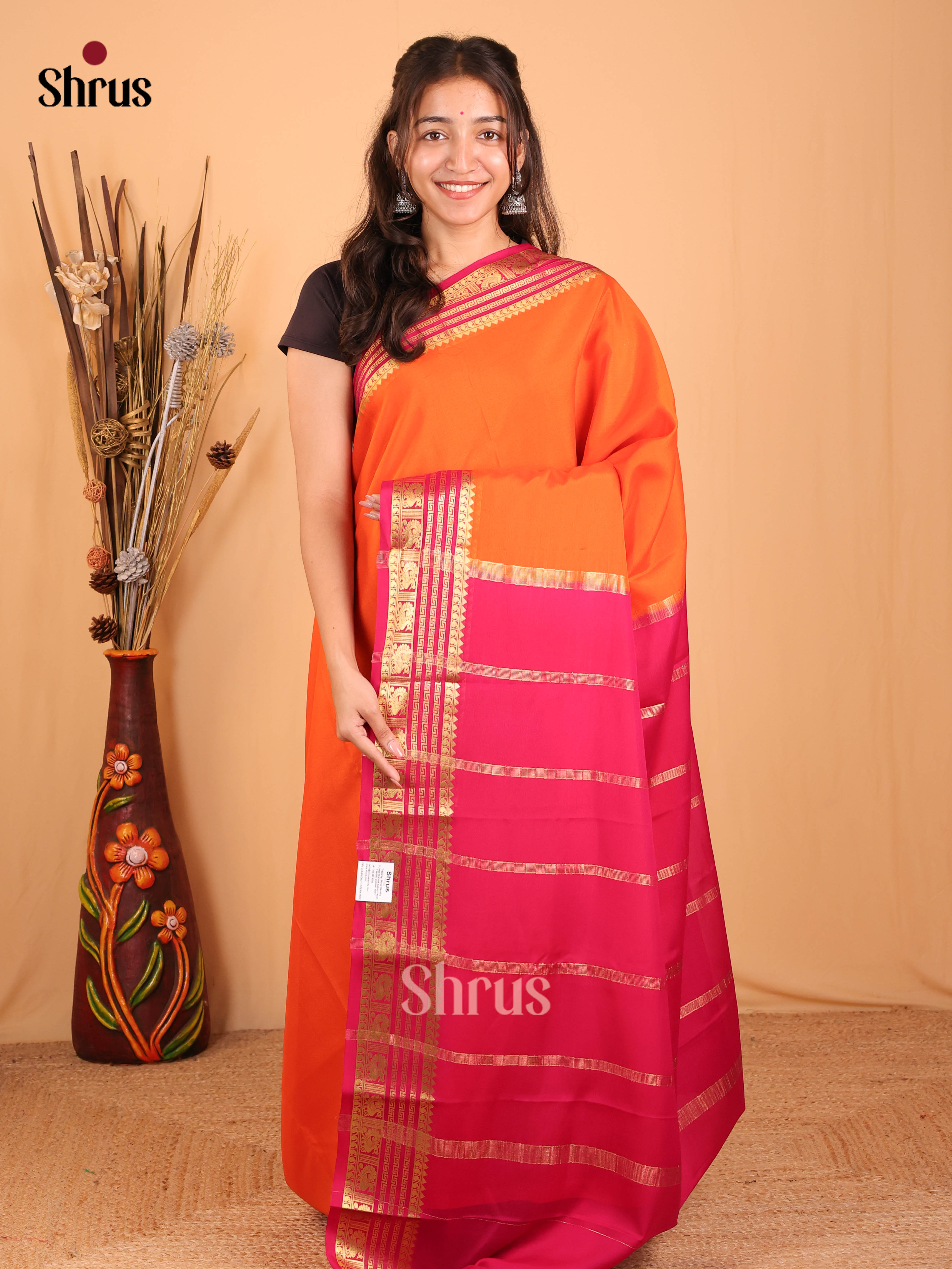 Orange & Maroon - Mysore Silk Saree - Shop on Shrus.com