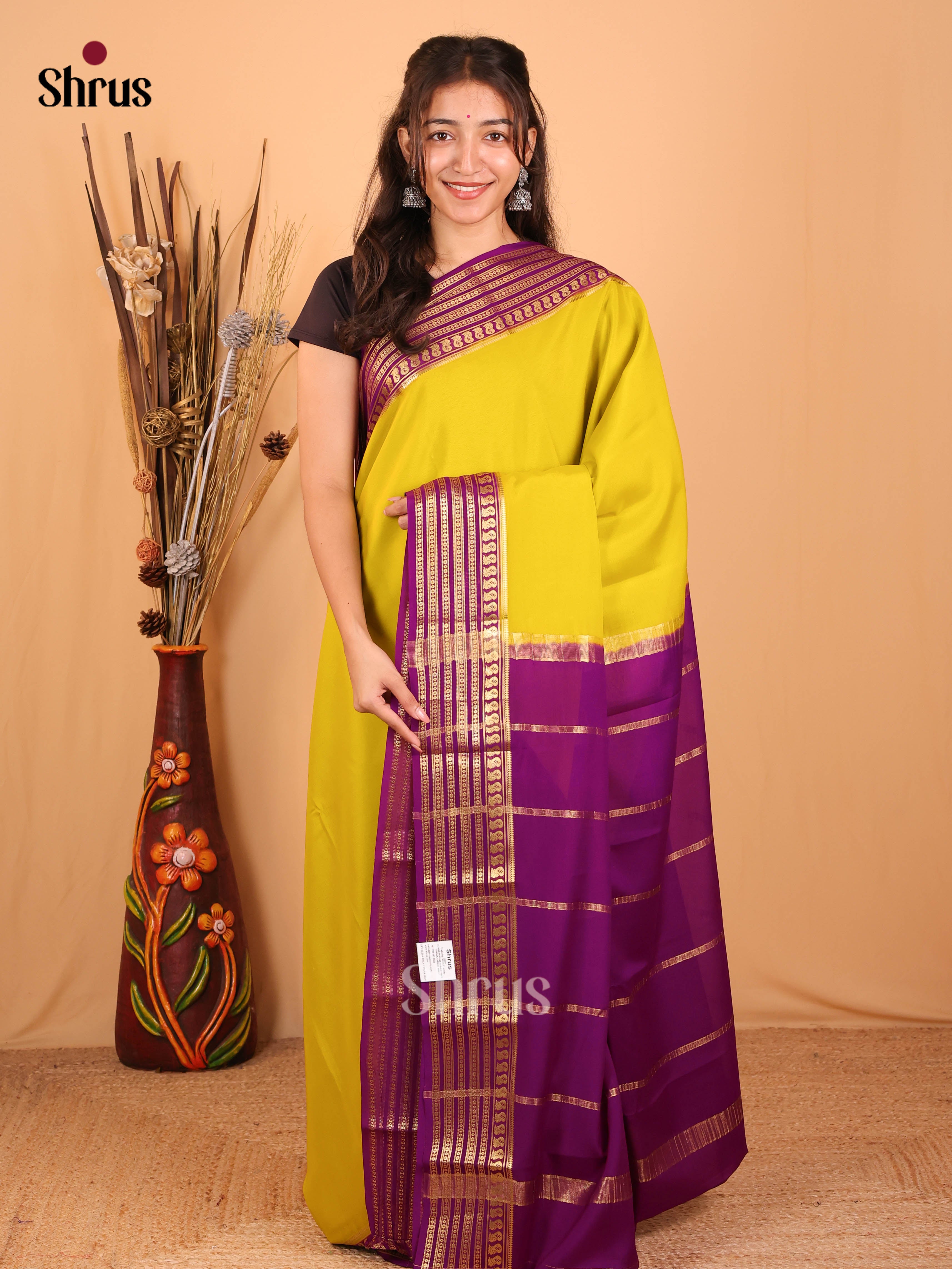 Mustardy Green & Purple - Mysore Silk Saree - Shop on Shrus.com