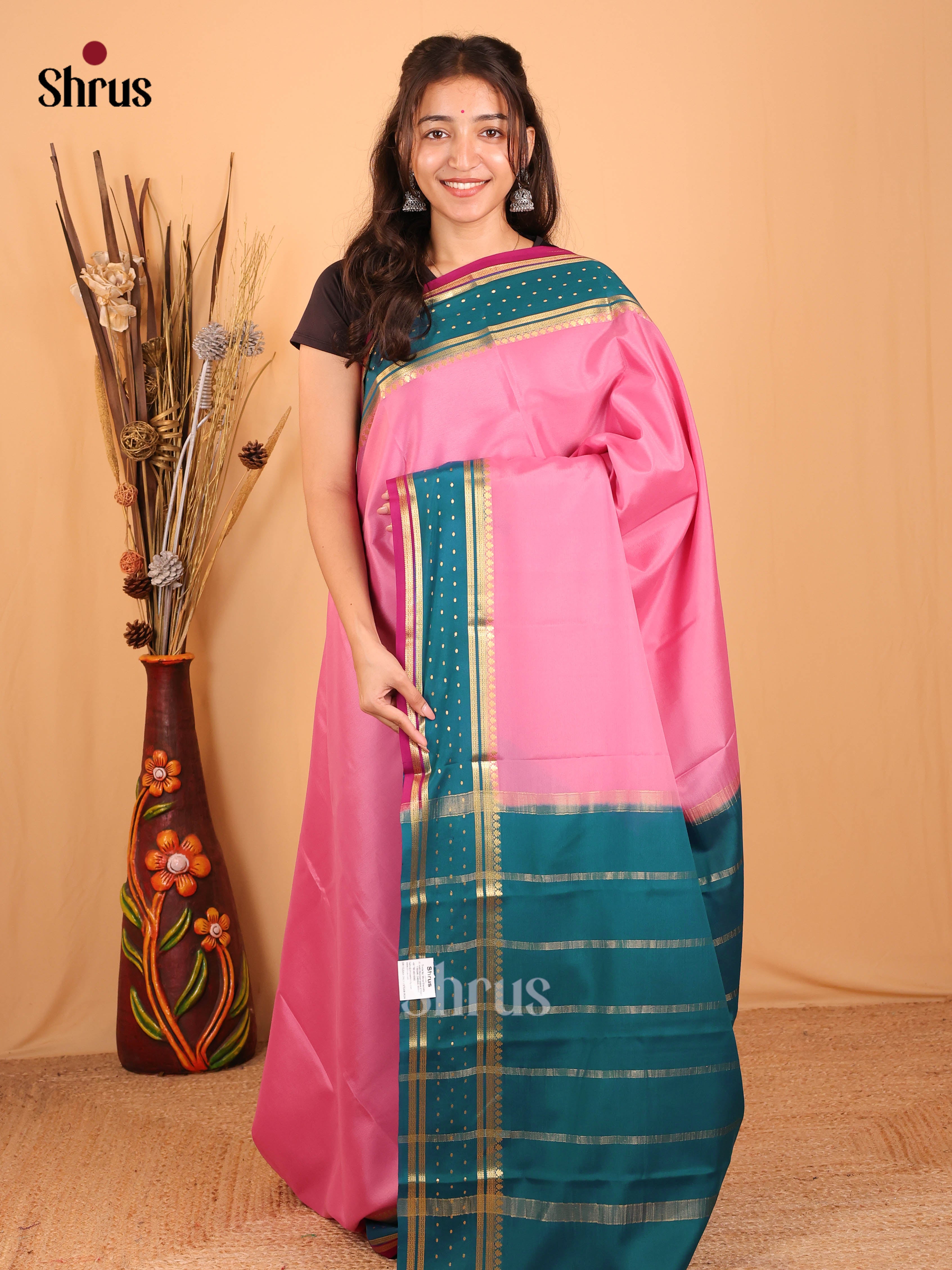 Lotus Pink & Green - Mysore Silk Saree - Shop on Shrus.com