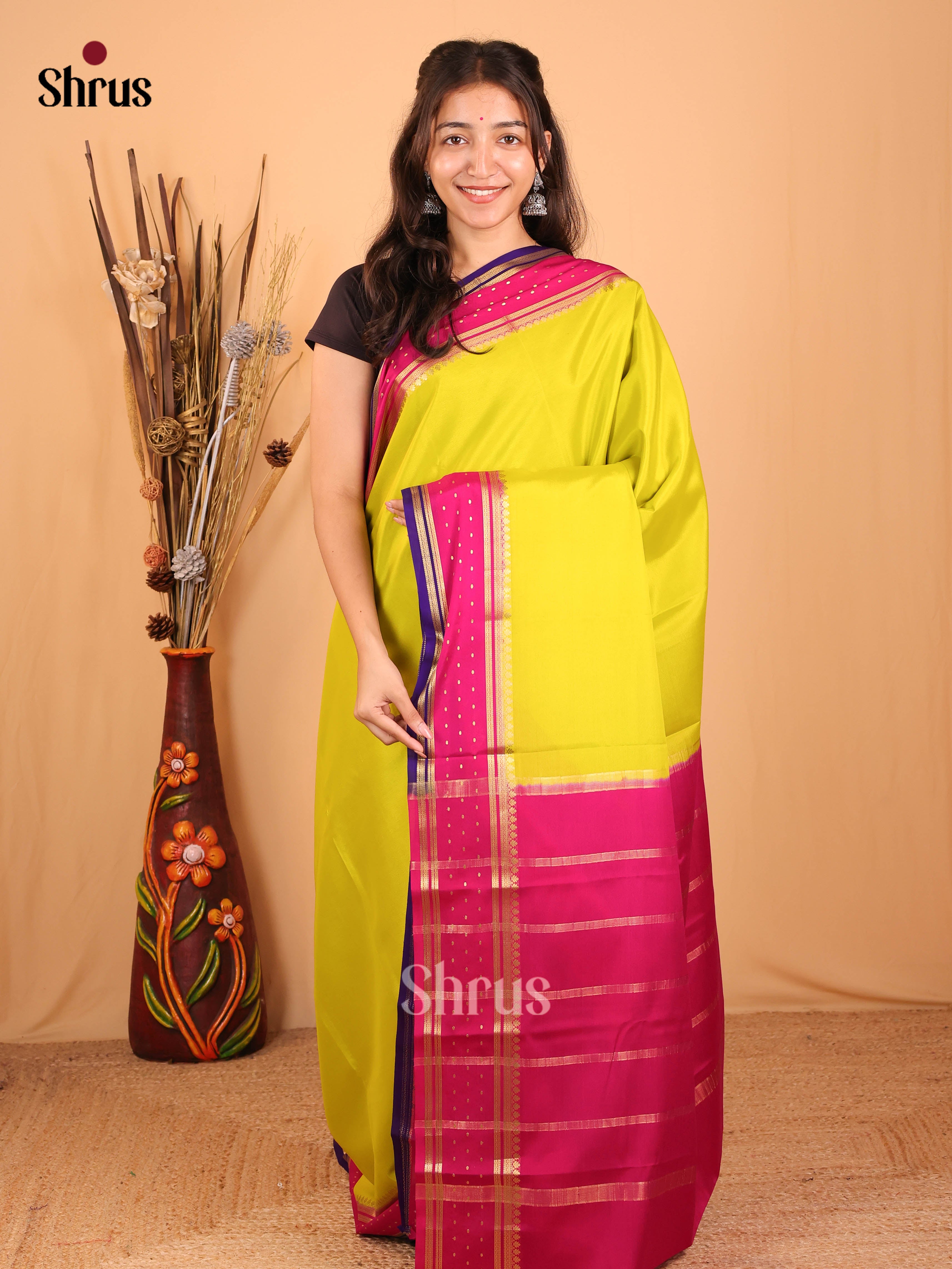 Lime Green & Maroon - Mysore Silk Saree - Shop on Shrus.com