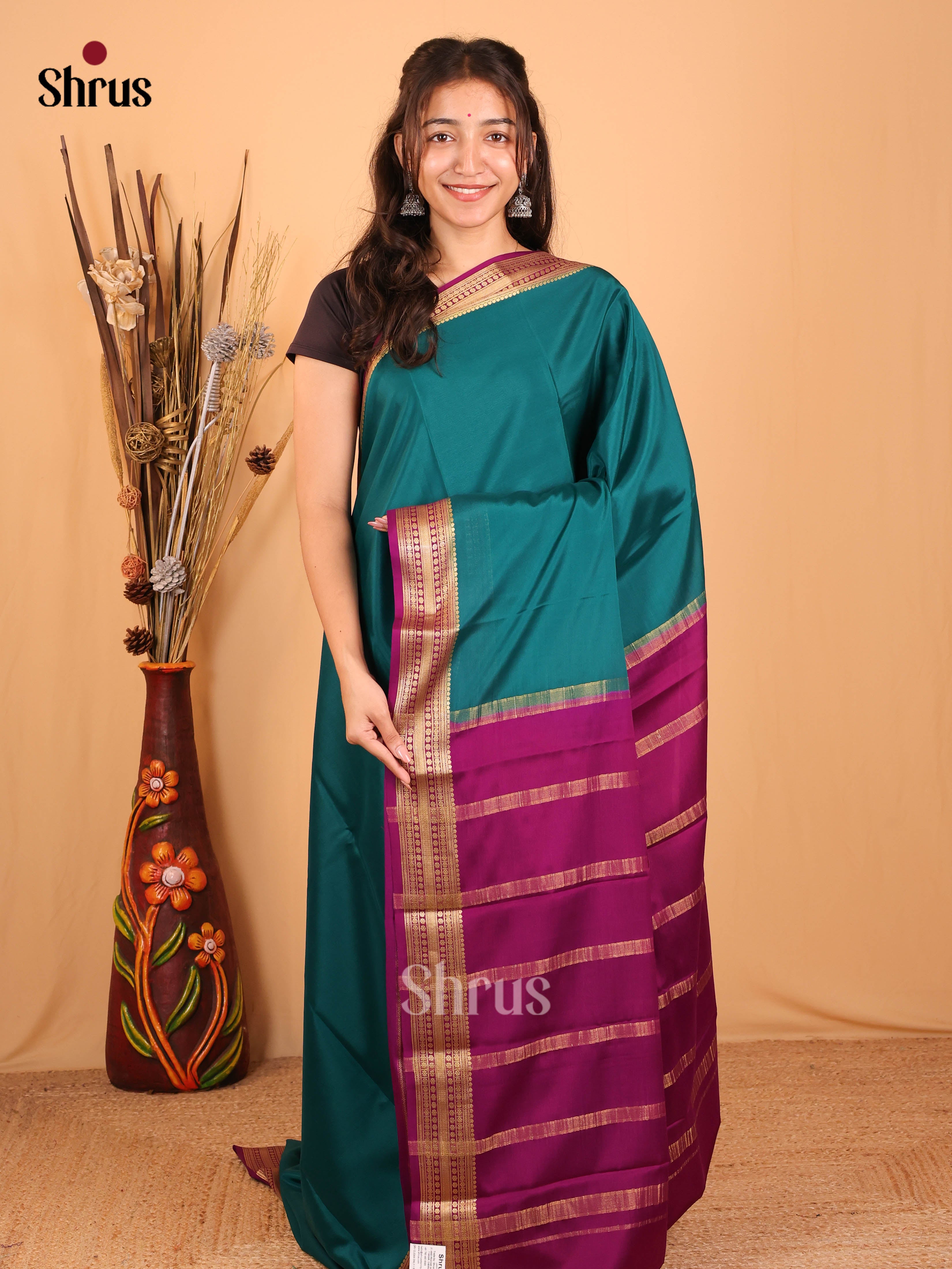 Peacock Green & Purple- Mysore Silk Saree - Shop on Shrus.com