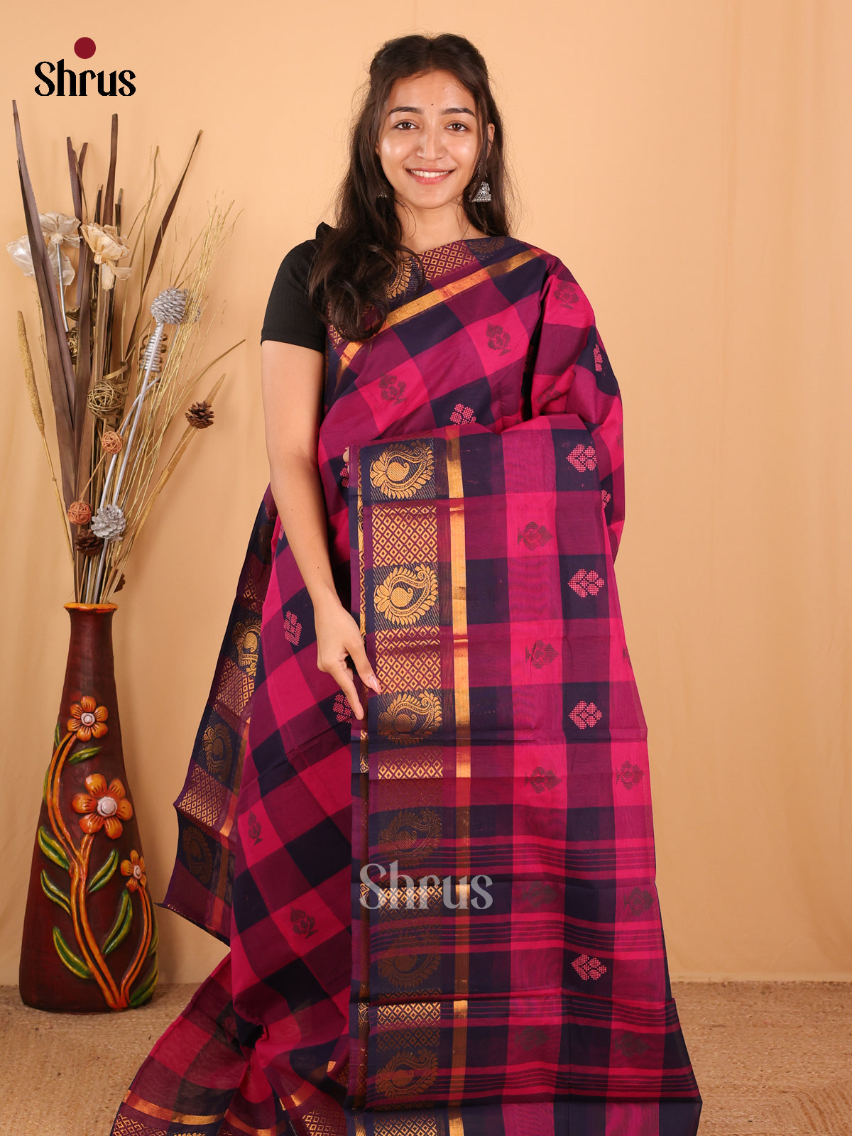 pink & Blue - Chettinad Cotton Saree - Shop on Shrus.com