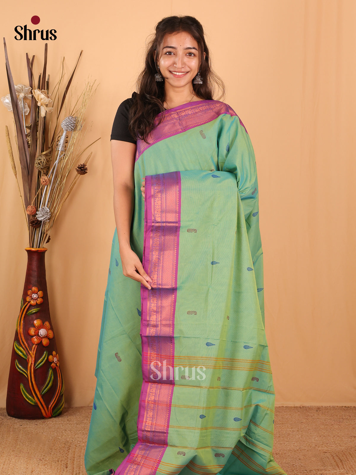 Pastel Green & Purple- Chettinad Mix Cotton Saree - Shop on Shrus.com