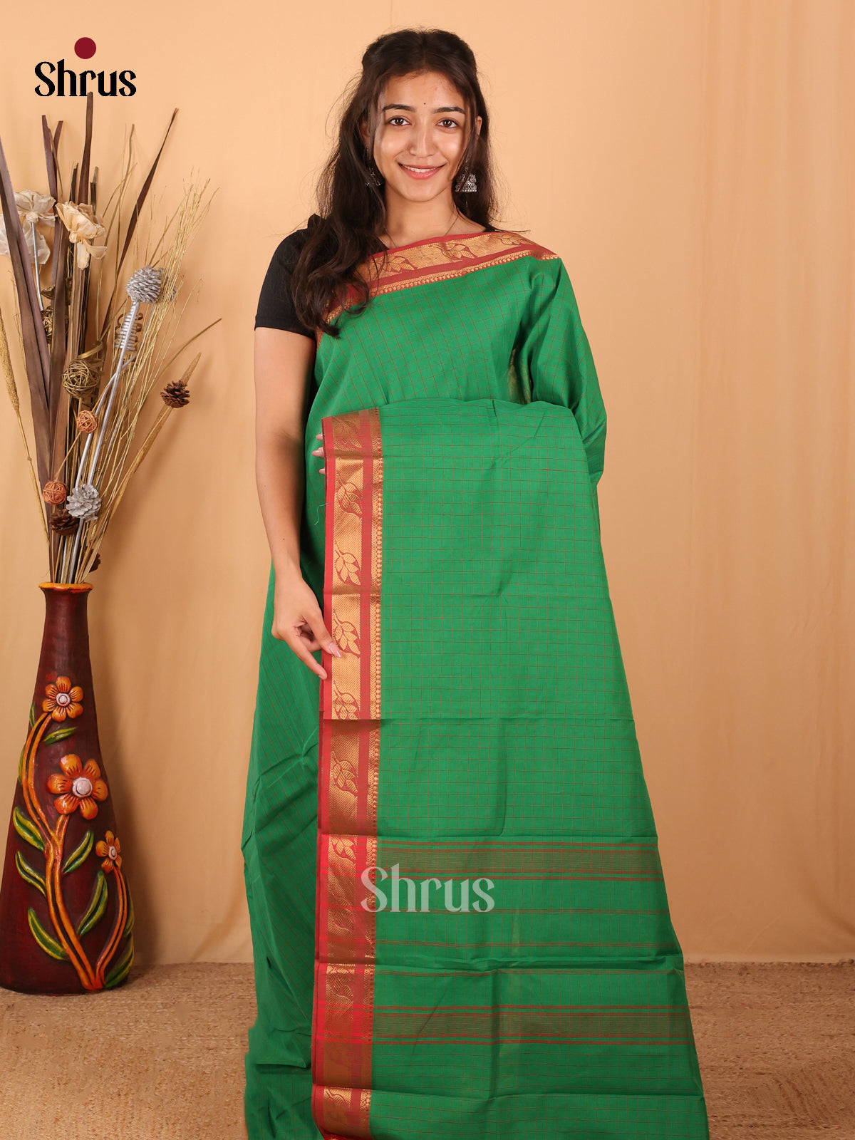 Green & Red - Chettinad Mix Cotton Saree - Shop on Shrus.com