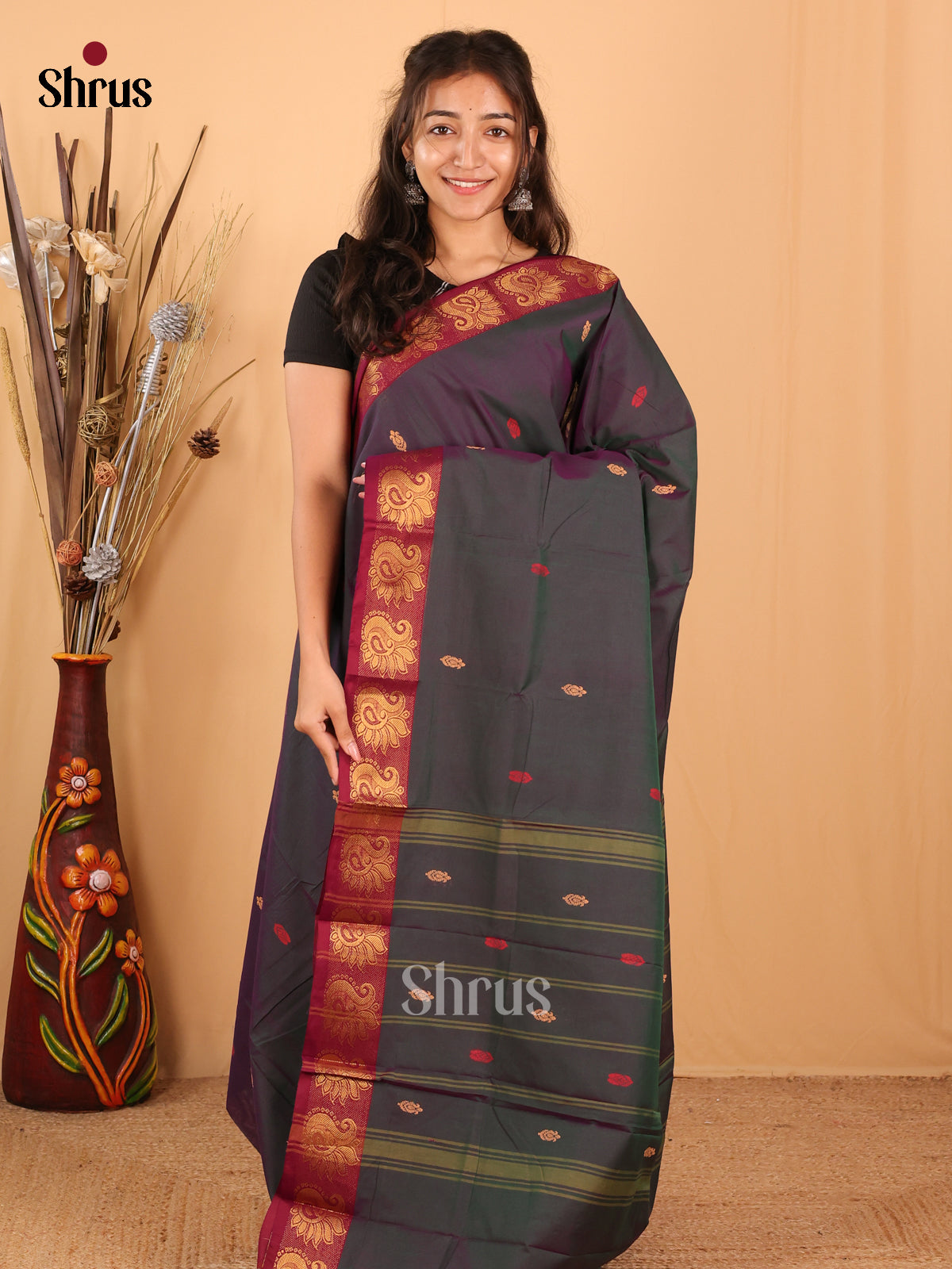 Double Shaded Greenish Purple & Maroon - Chettinad Mix Cotton Saree - Shop on Shrus.com