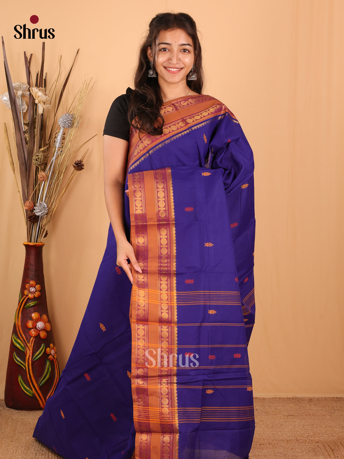 Blue & Brown - Chettinad Mix Cotton Saree - Shop on Shrus.com