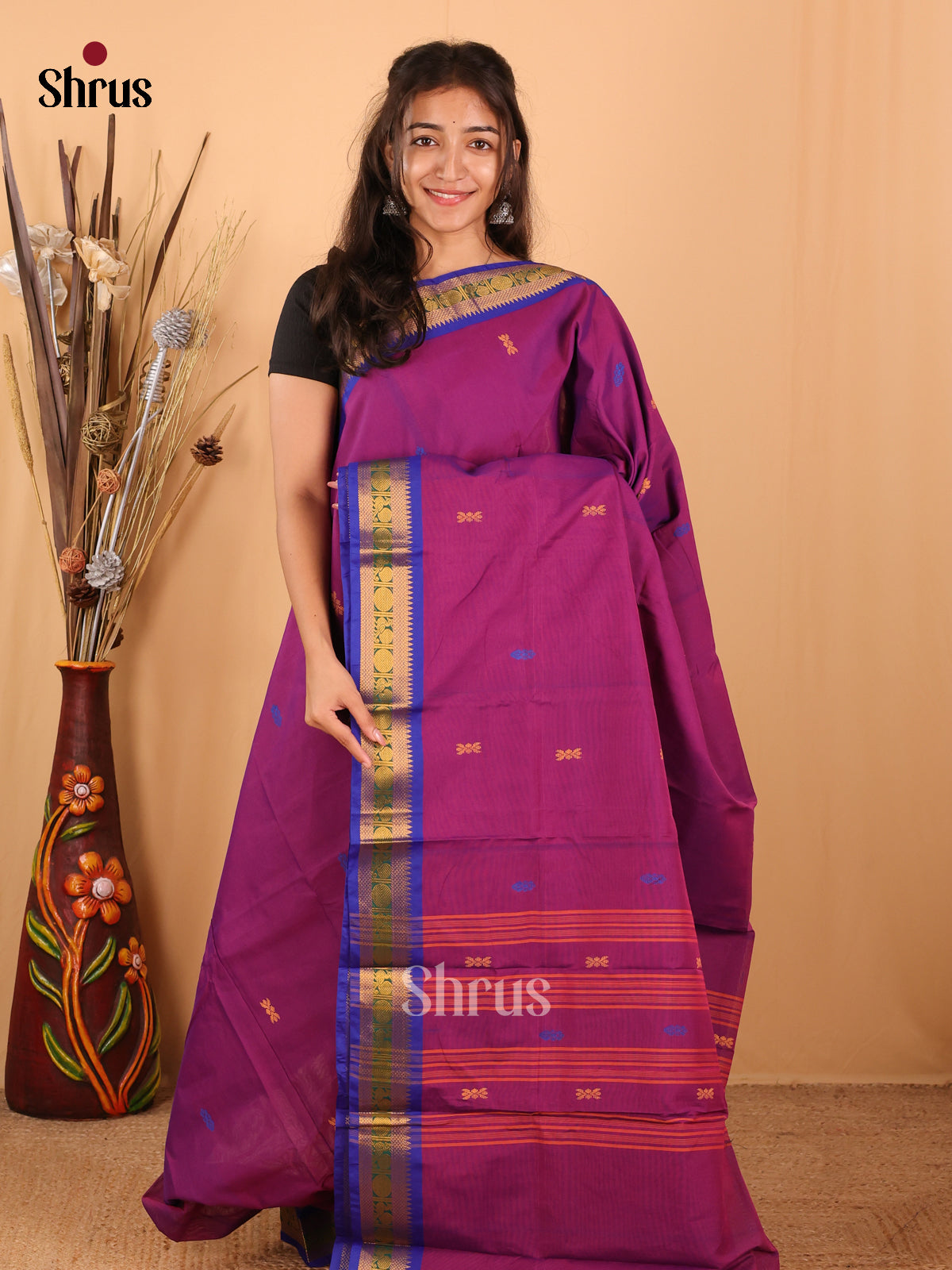 Majenta & Blue - Chettinad Mix Cotton Saree - Shop on Shrus.com