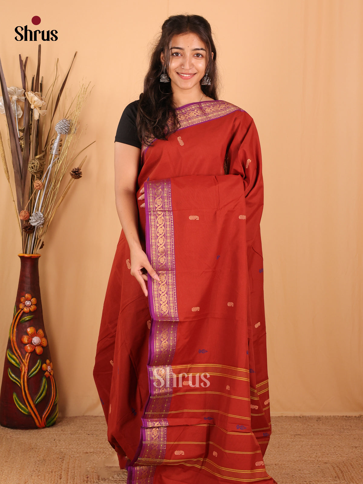 Brick & Purple - Chettinad Mix Cotton Saree - Shop on Shrus.com