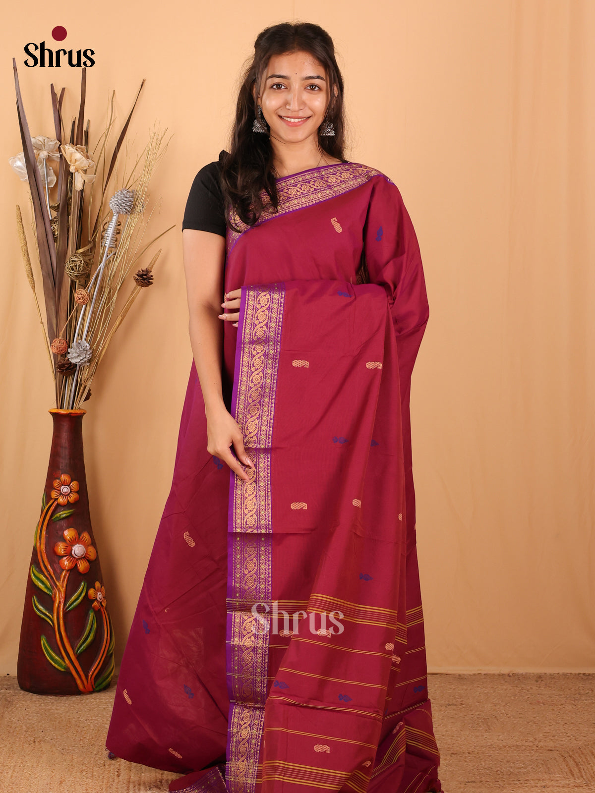 Maroon & Purple - Chettinad Mix Cotton Saree - Shop on Shrus.com