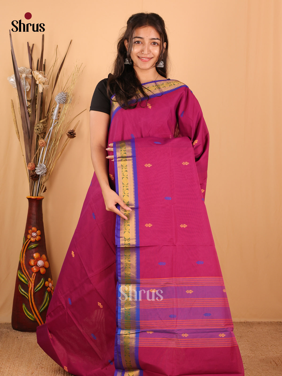 Majenta & Purple - Chettinad Mix Cotton Saree - Shop on Shrus.com