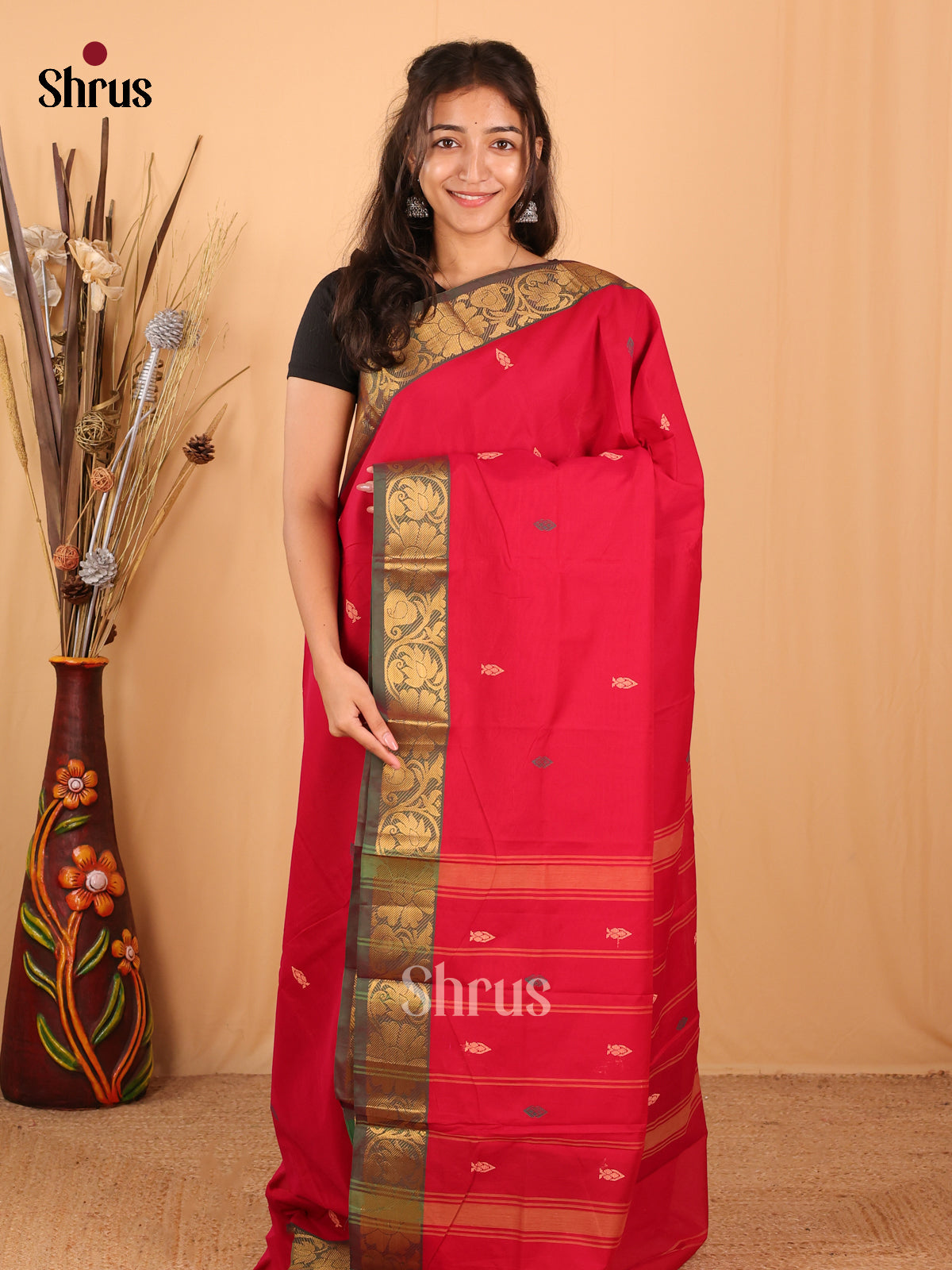 Red & Green - Chettinad Mix Cotton Saree - Shop on Shrus.com