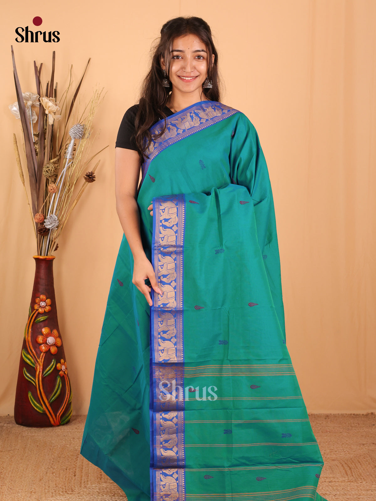 Green & Blue- Chettinad Mix Cotton Saree - Shop on Shrus.com
