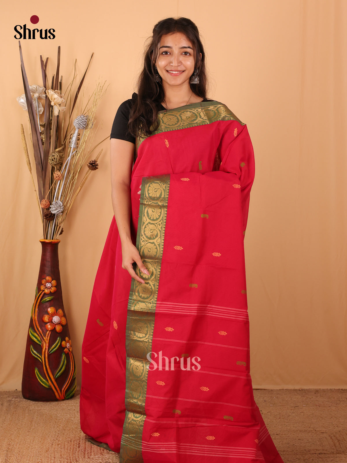Red & Green - Chettinad Mix Cotton Saree - Shop on Shrus.com