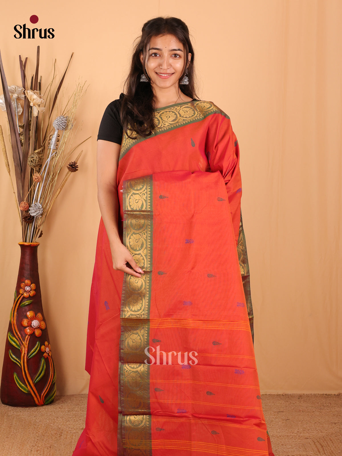 Orange & Green - Chettinad Mix Cotton Saree - Shop on Shrus.com