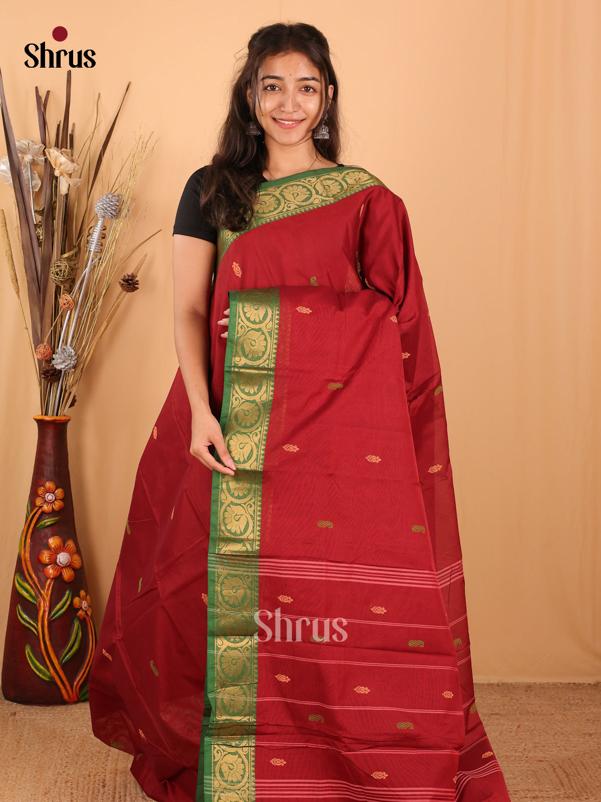 Maroon & Green - Chettinad Mix Cotton Saree - Shop on Shrus.com