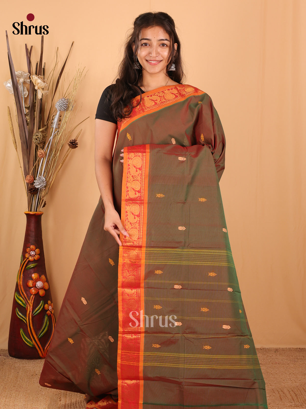 Double Shaded Green & Orange - Chettinad Mix Cotton Saree - Shop on Shrus.com