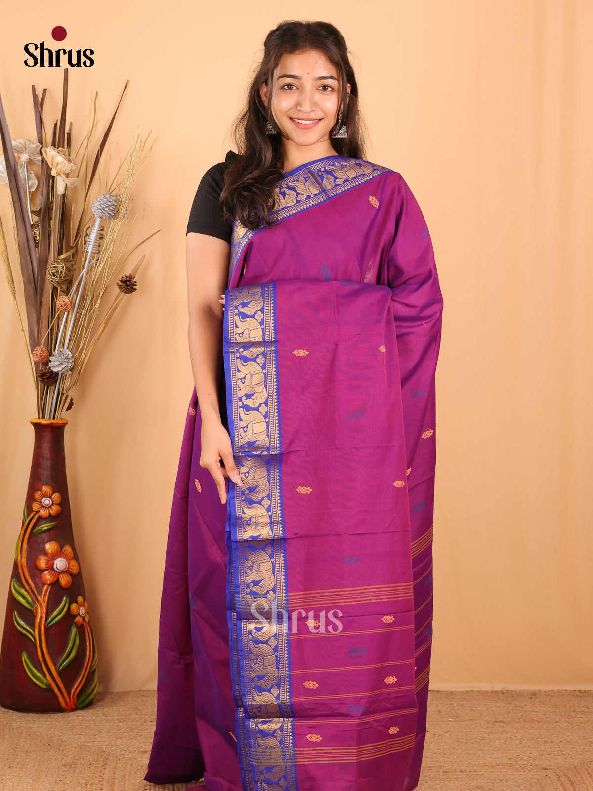 Majenta & Purple- Chettinad Mix Cotton Saree - Shop on Shrus.com