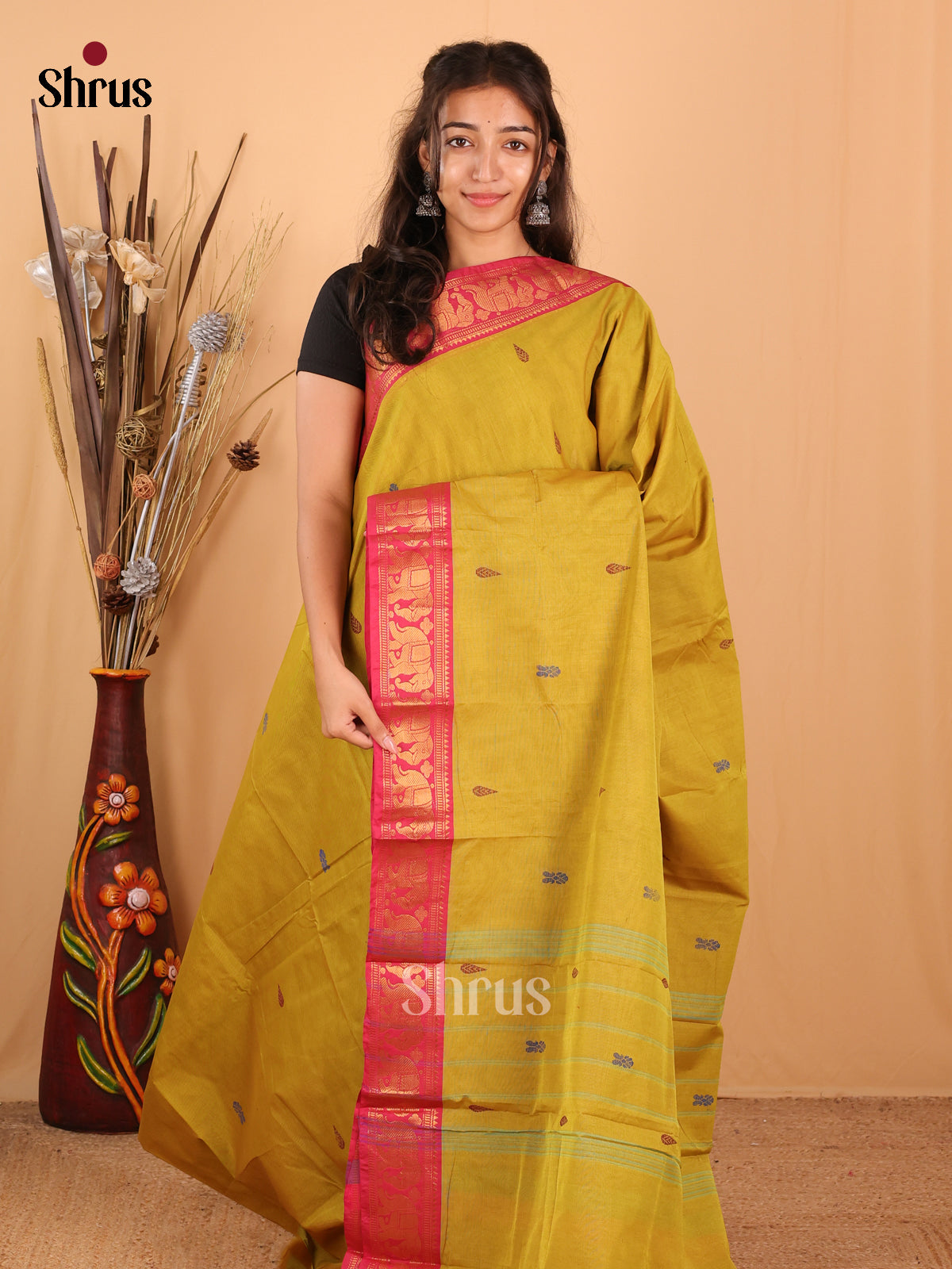 Lime Green & Maroon - Chettinad Mix Cotton Saree - Shop on Shrus.com