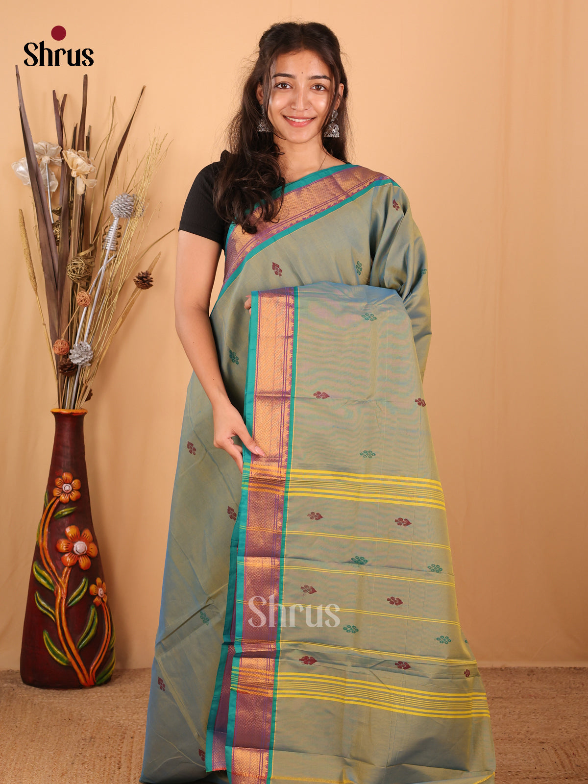 Double Shaded Greyish blue & Blue- Chettinad Mix Cotton Saree - Shop on Shrus.com