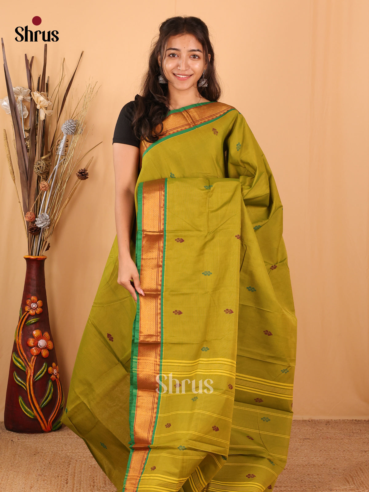 Lime Green & Green - Chettinad Mix Cotton Saree - Shop on Shrus.com