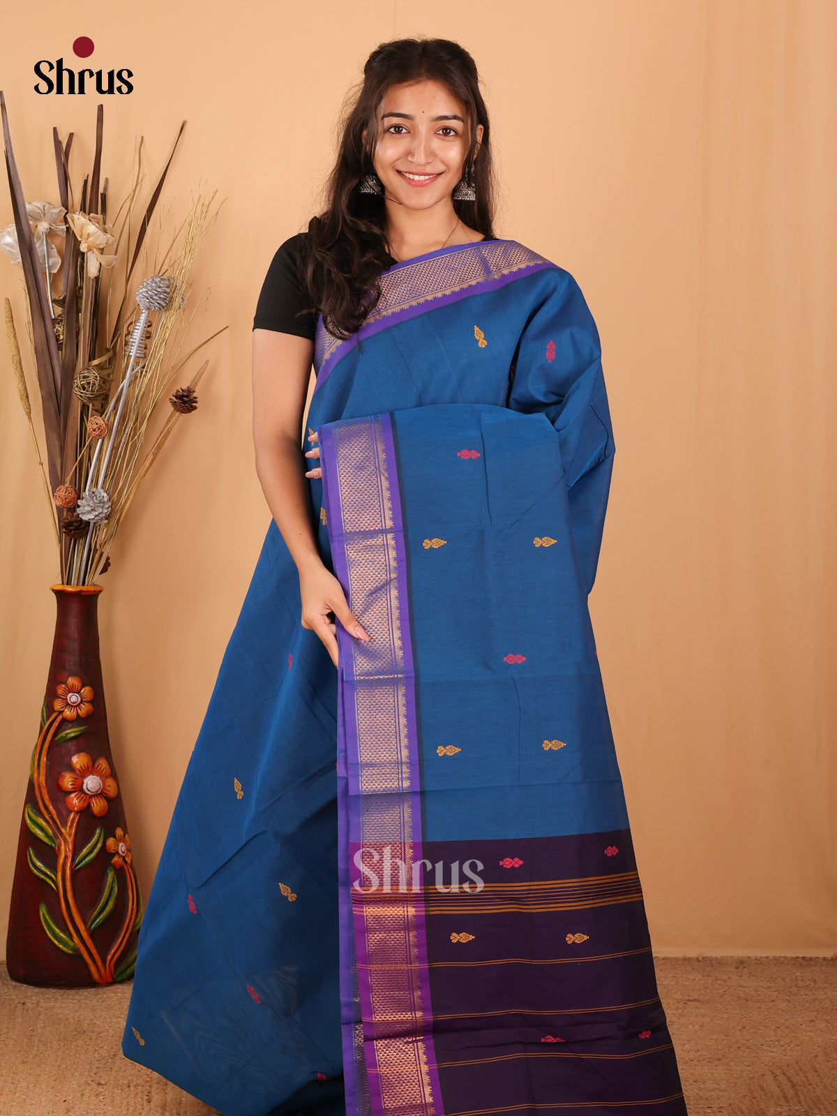 Blue & Purple - Chettinad Mix Cotton Saree - Shop on Shrus.com