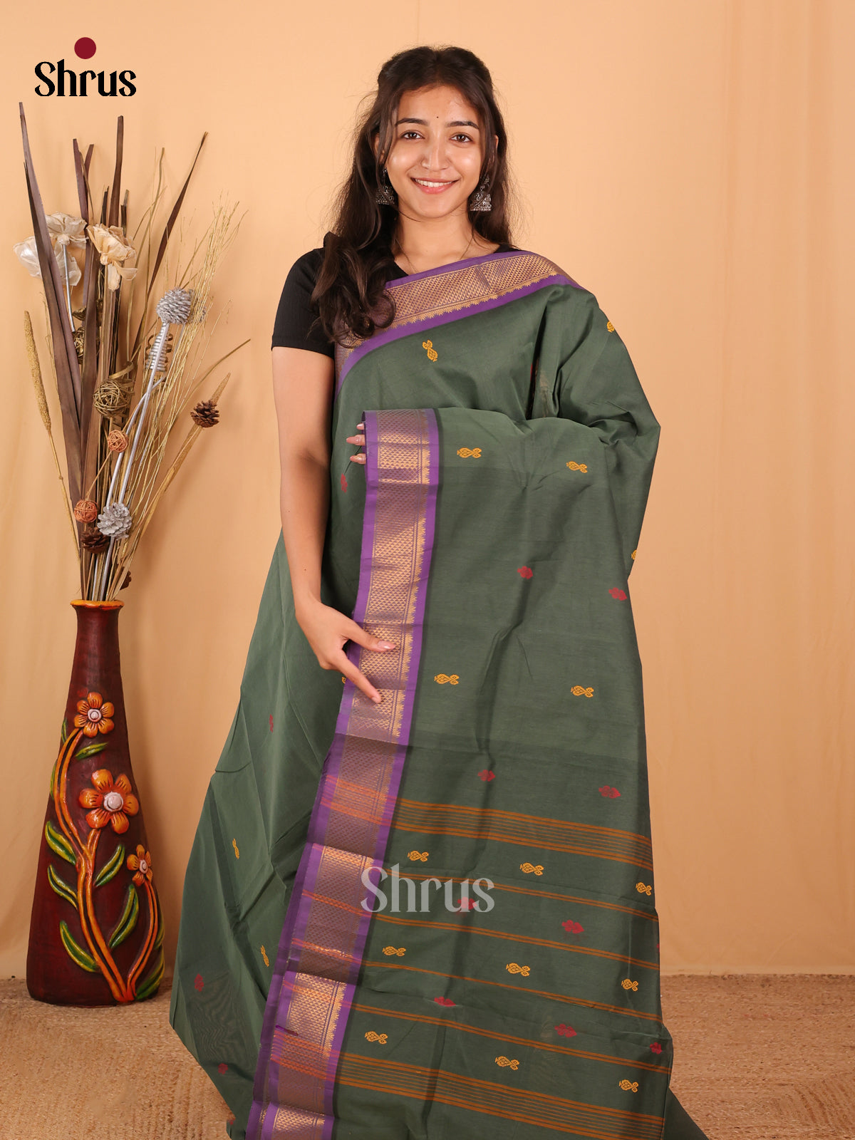 Greenish Grey & Purple- Chettinad Mix Cotton Saree - Shop on Shrus.com