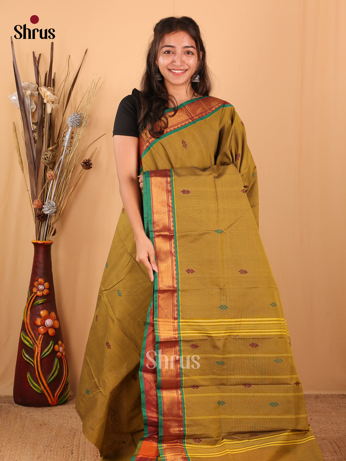 Mehandi & Green - Chettinad Mix Cotton Saree - Shop on Shrus.com
