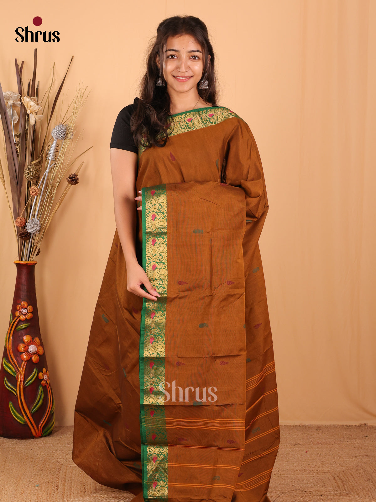 Brown & Green - Chettinad Mix Cotton Saree - Shop on Shrus.com