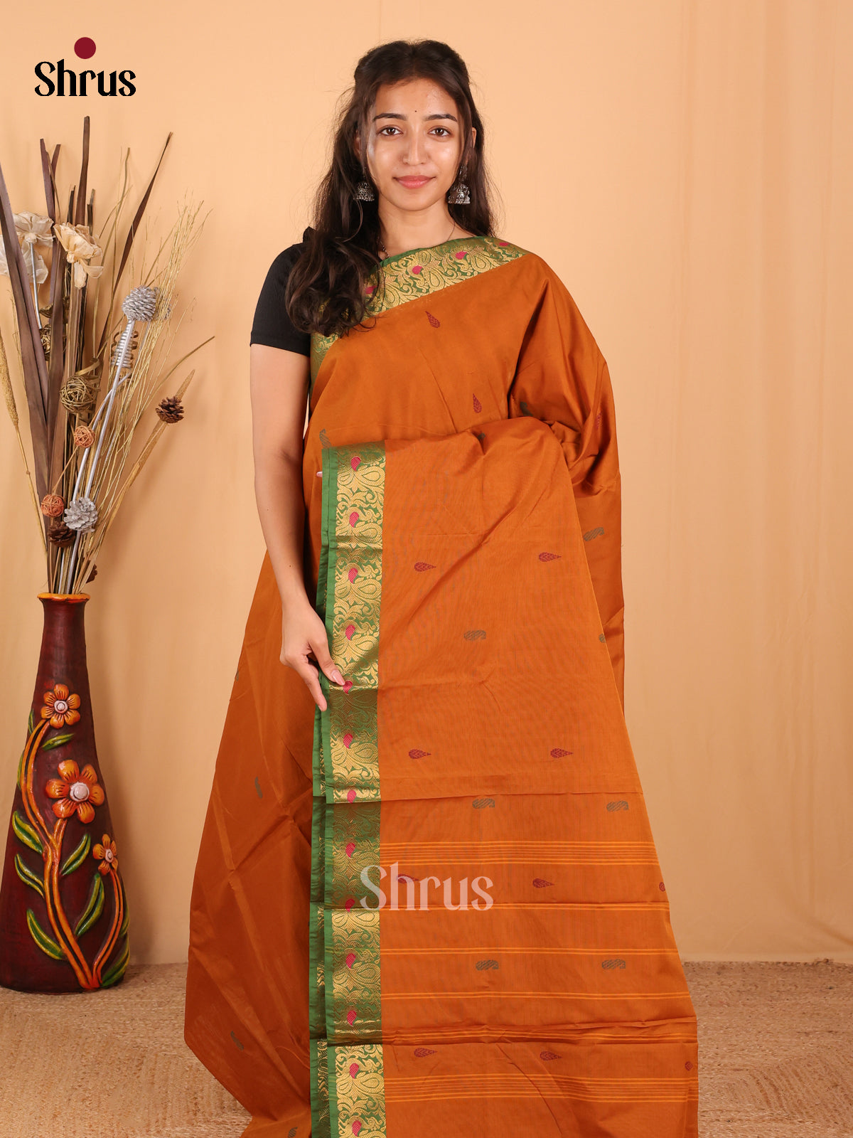 Dark Mustard & Green - Chettinad Mix Cotton Saree - Shop on Shrus.com