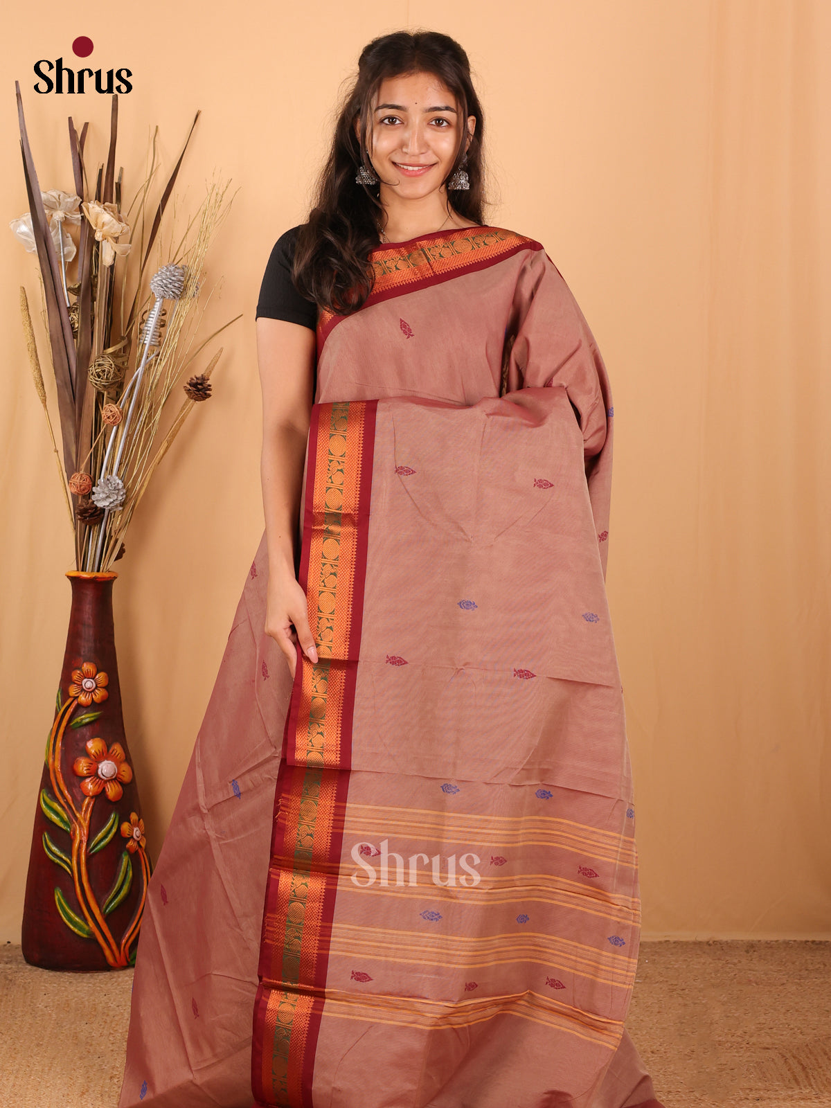 Lite Brown & Maroon- Chettinad Mix Cotton Saree - Shop on Shrus.com