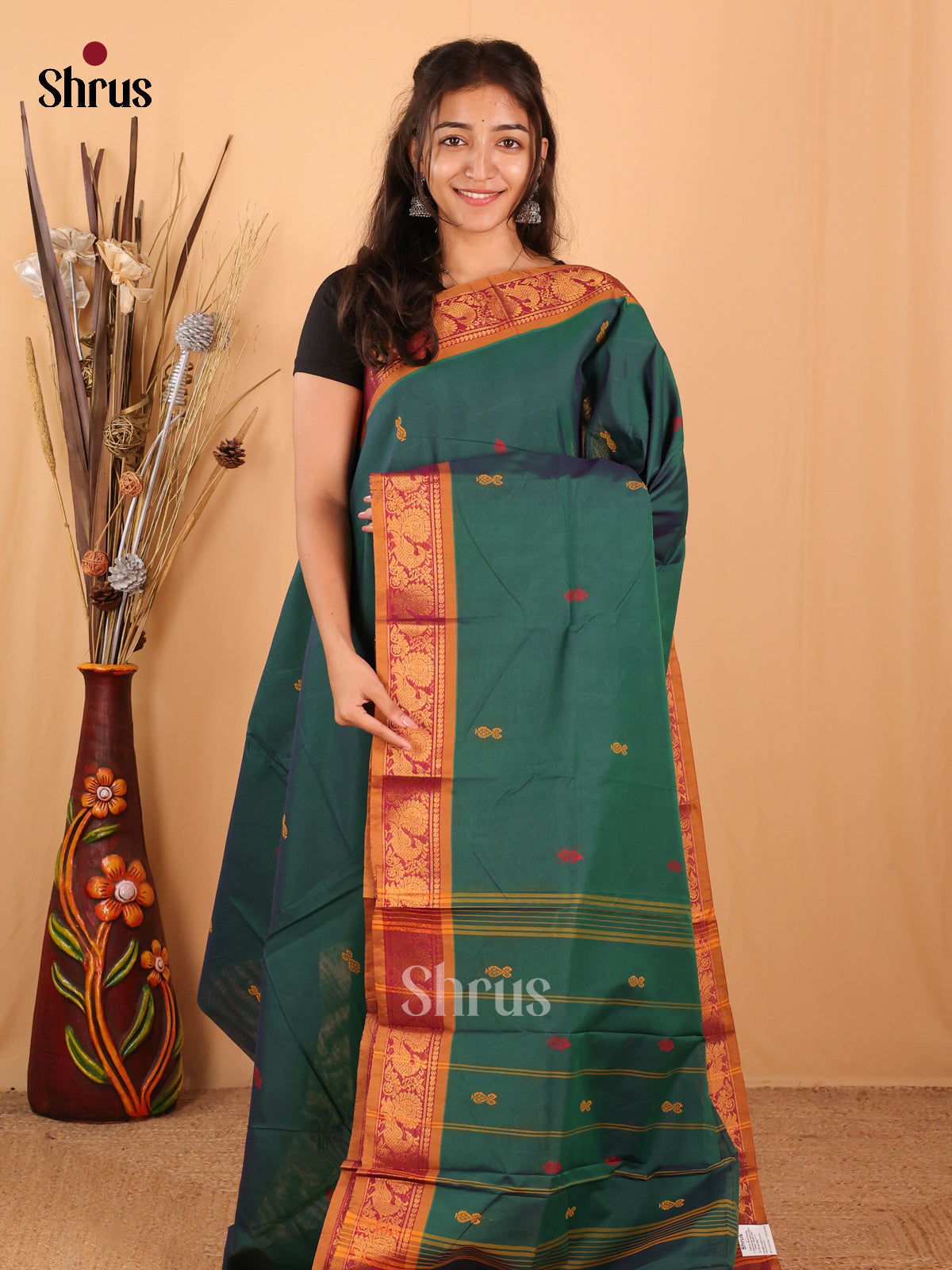 Green & Mustard - Chettinad Mix Cotton Saree - Shop on Shrus.com