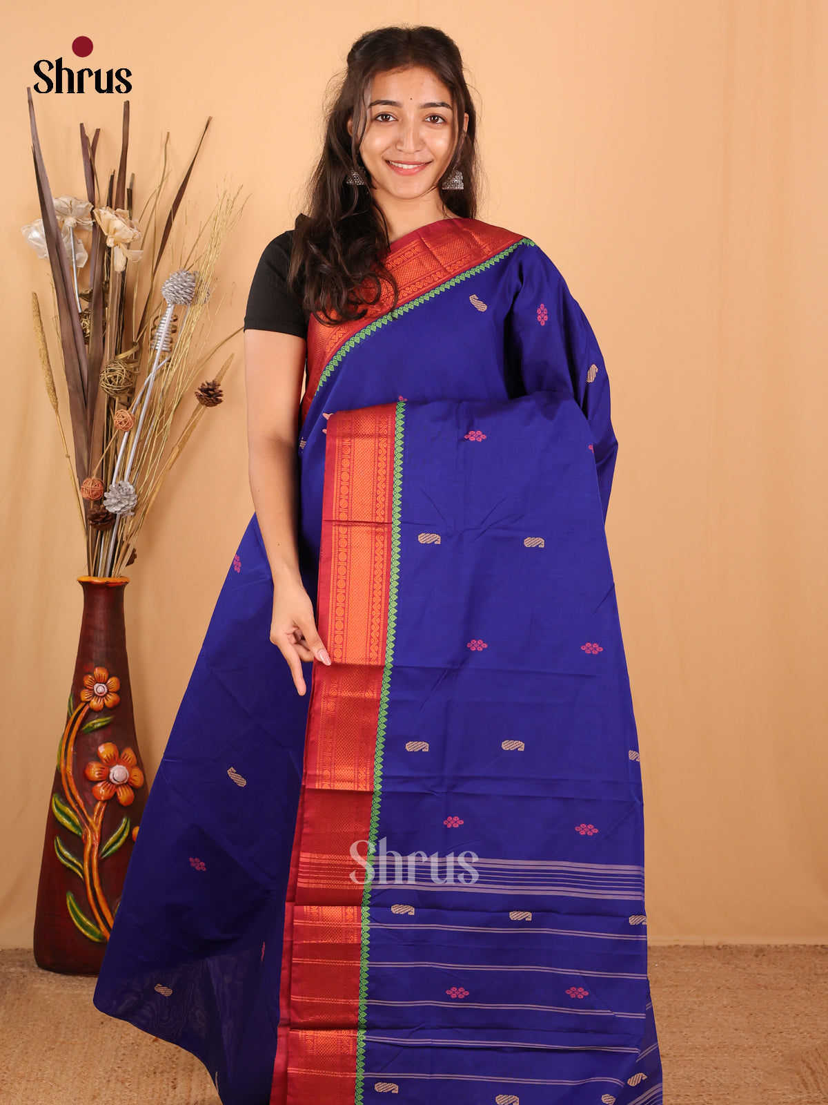 Blue & Brown - Chettinad Mix Cotton Saree - Shop on Shrus.com