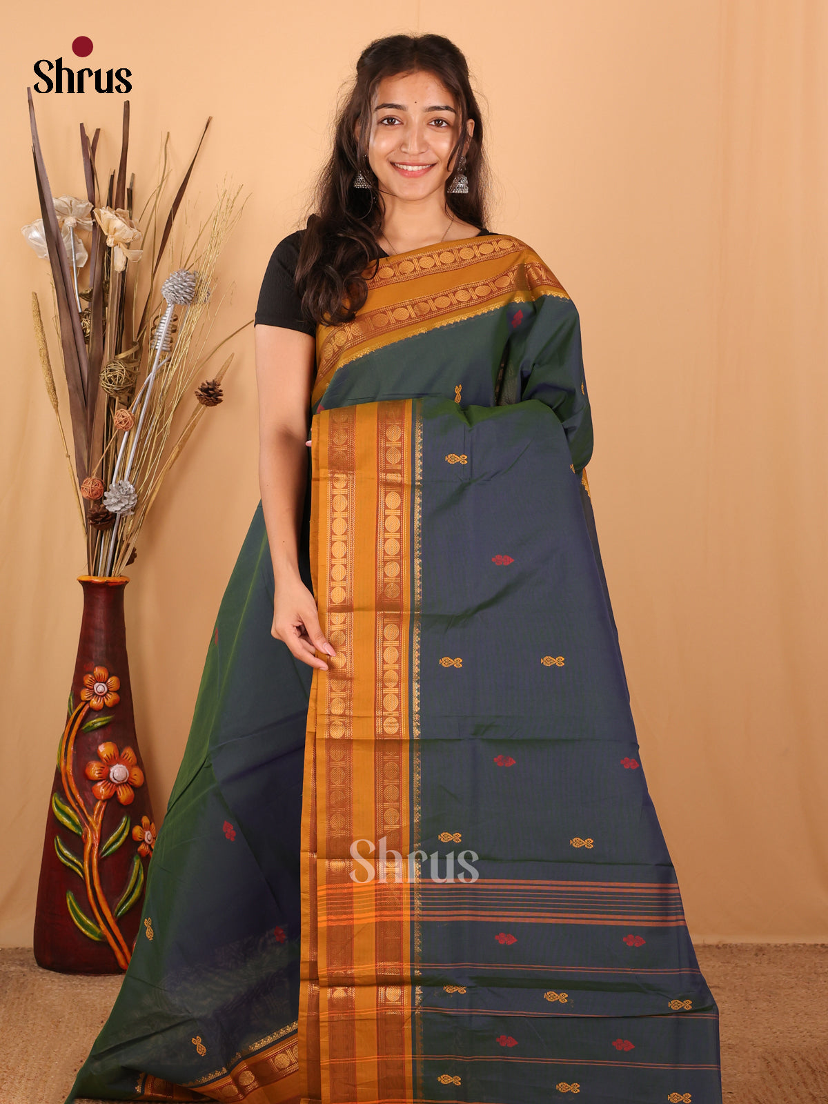 Dark Green & Mustard - Chettinad Mix Cotton Saree - Shop on Shrus.com