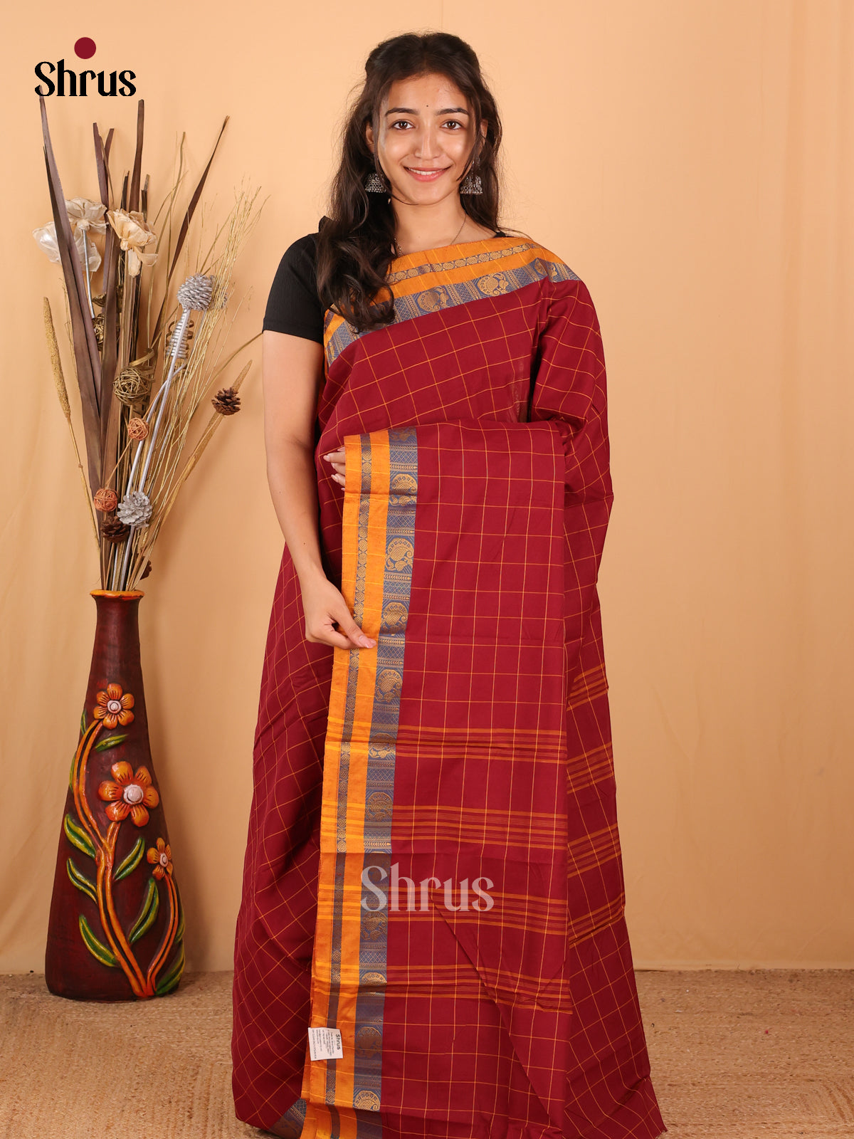 Maroon & Mustard- Chettinad Mix Cotton Saree - Shop on Shrus.com