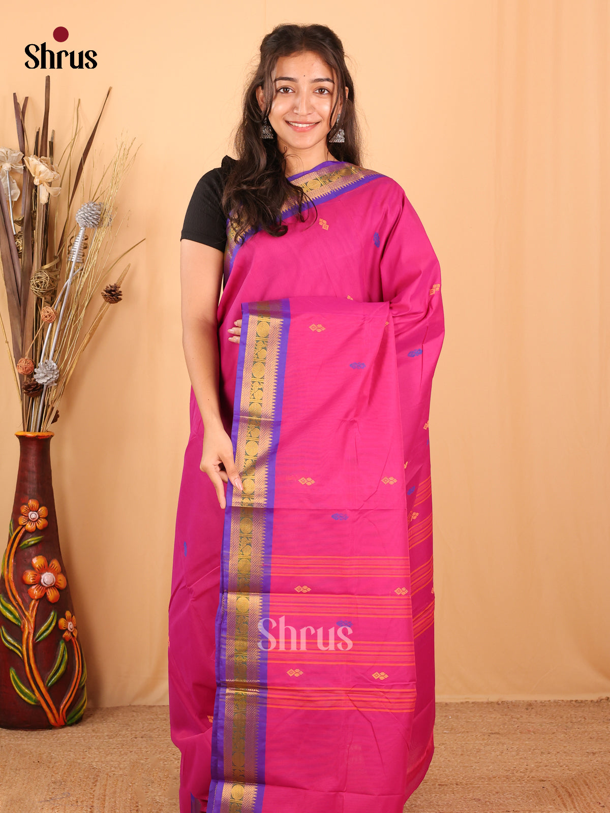 Pink & Violet- Chettinad Mix Cotton Saree - Shop on Shrus.com