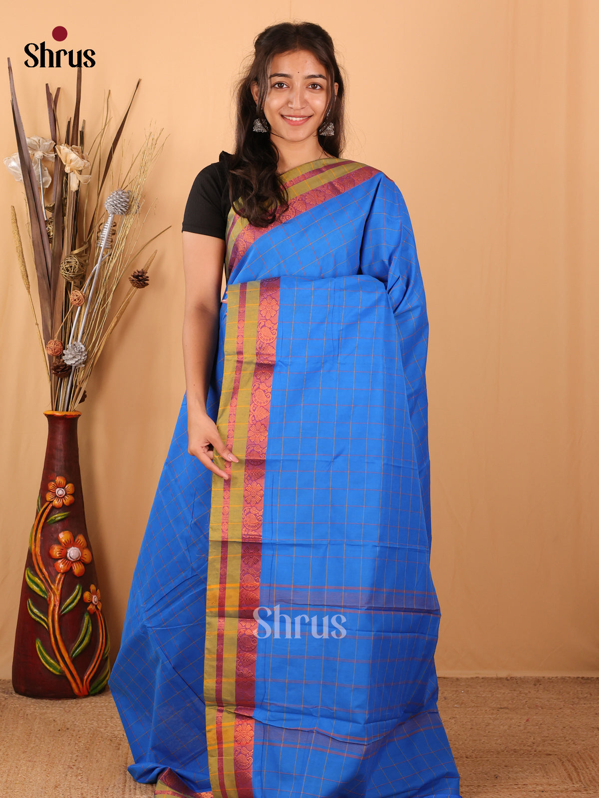 Blue & Green - Chettinad Mix Cotton Saree - Shop on Shrus.com