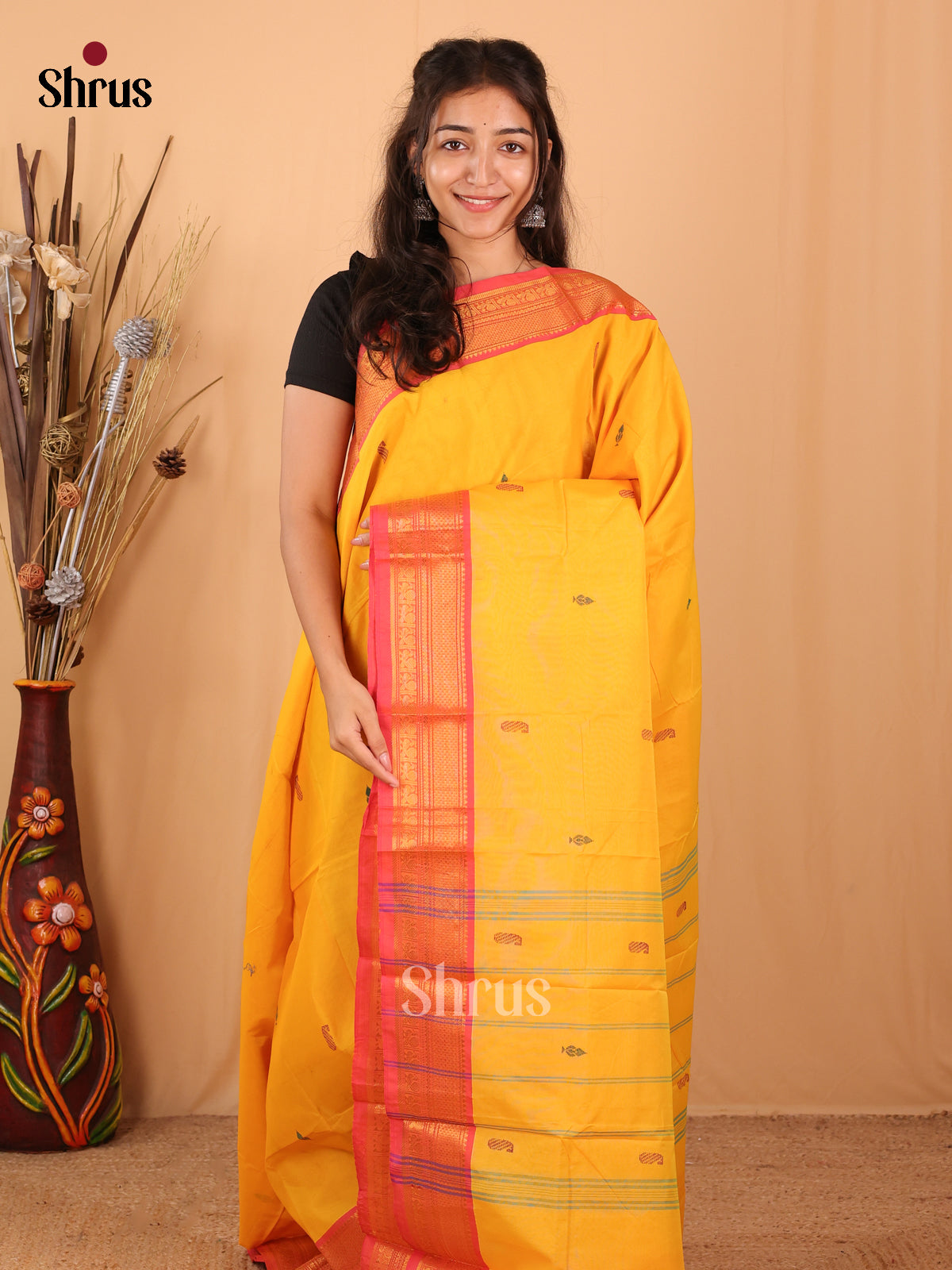 Yellow & Red- Chettinad Mix Cotton Saree - Shop on Shrus.com