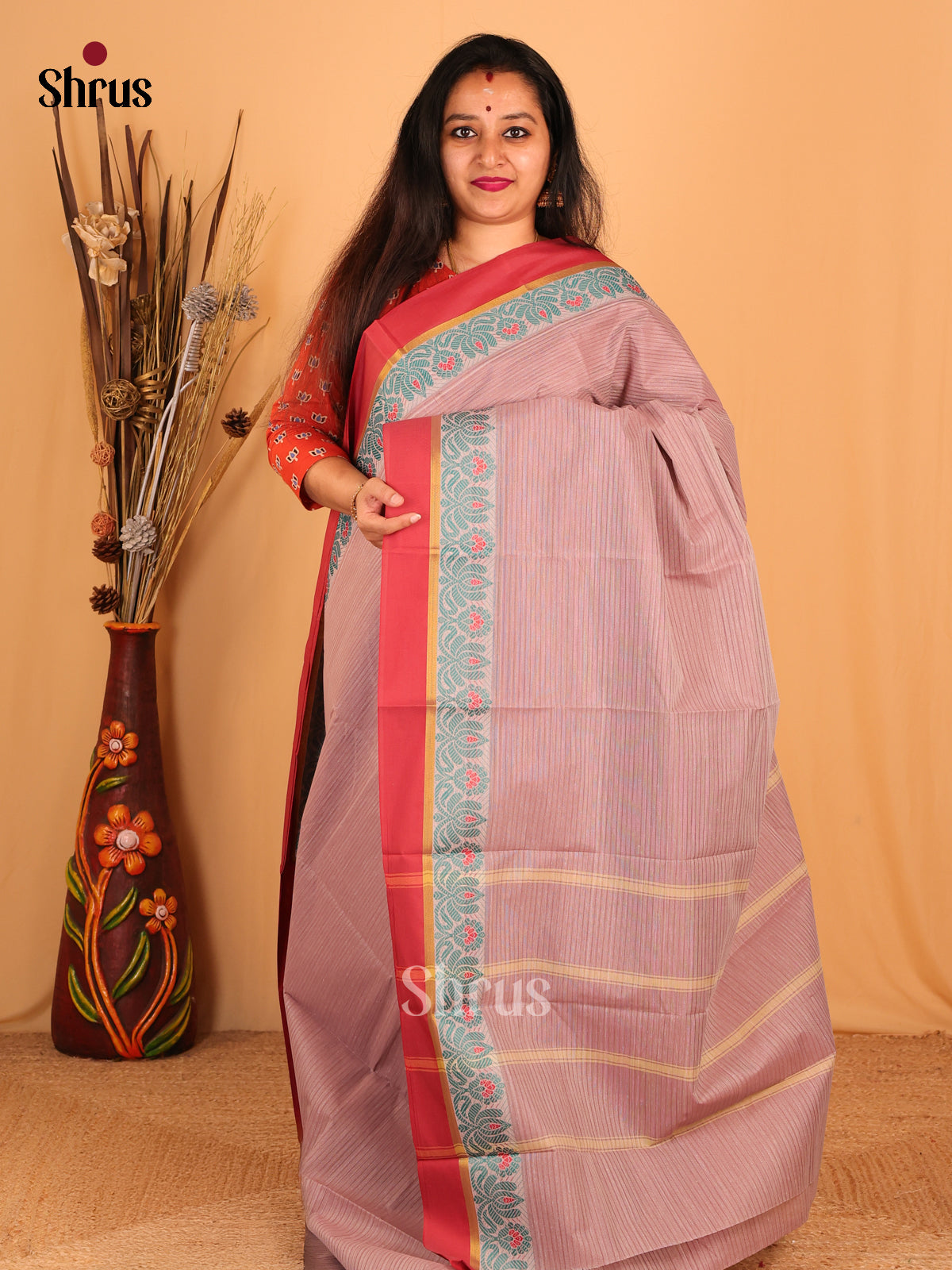 Pastel Purple & Red - South Cotton Saree - Shop on Shrus.com