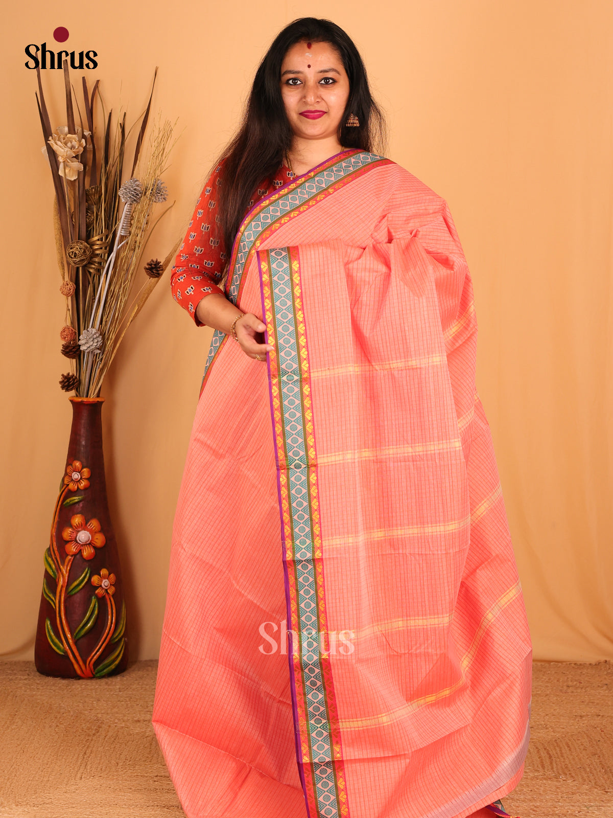 Peachish PInk - South Cotton Saree - Shop on Shrus.com