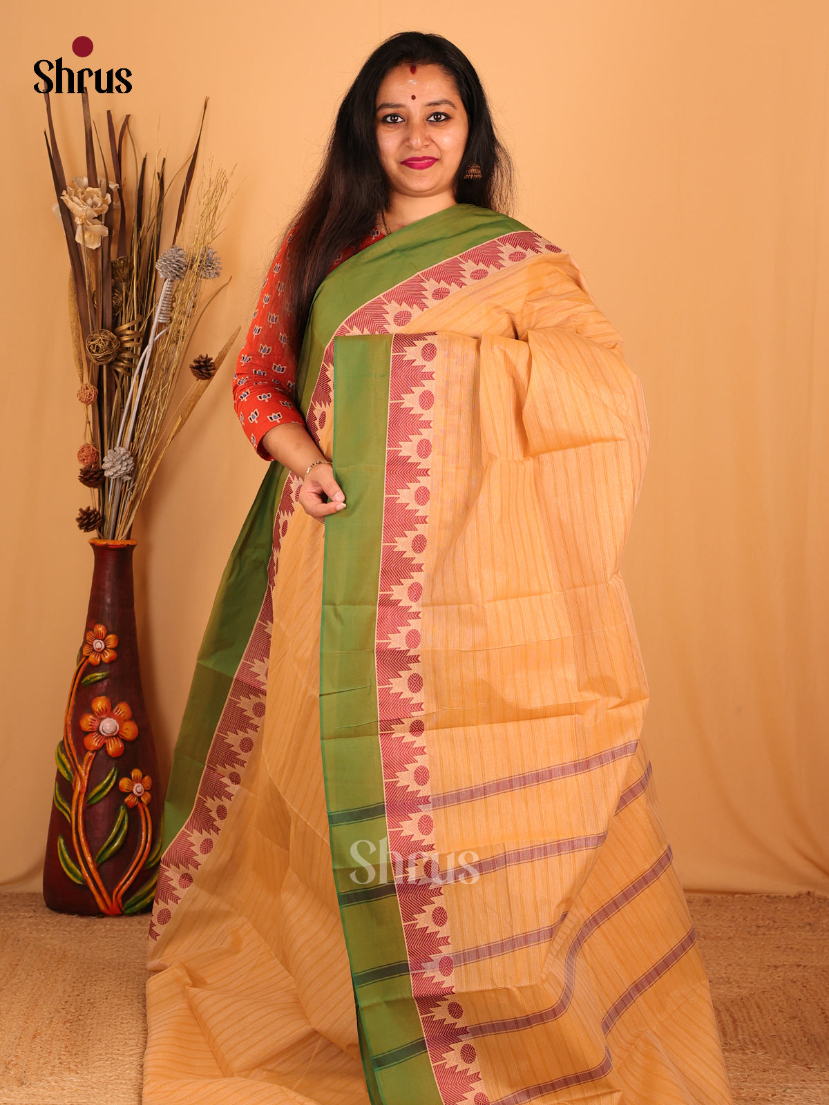 Peach & Green - South Cotton Saree - Shop on Shrus.com