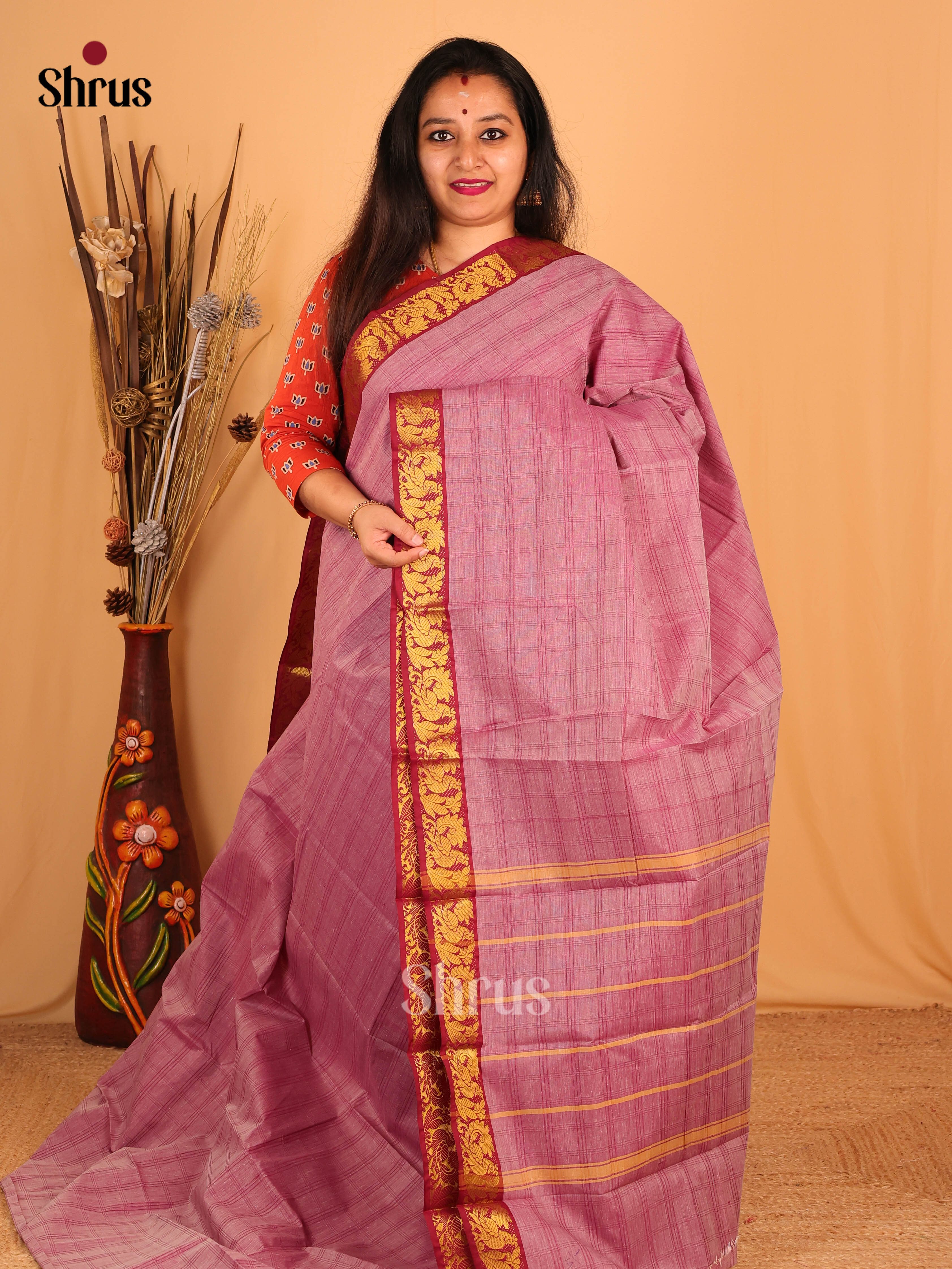 Pink & Red - South Cotton Saree - Shop on Shrus.com