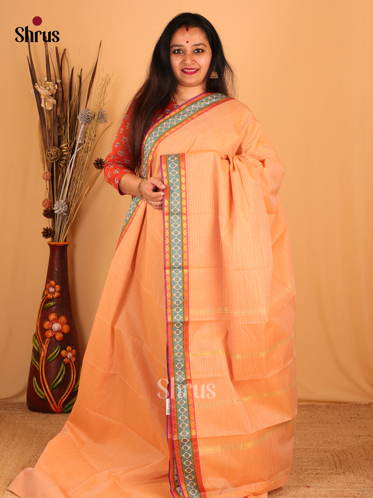 Peach - South Cotton Saree - Shop on Shrus.com