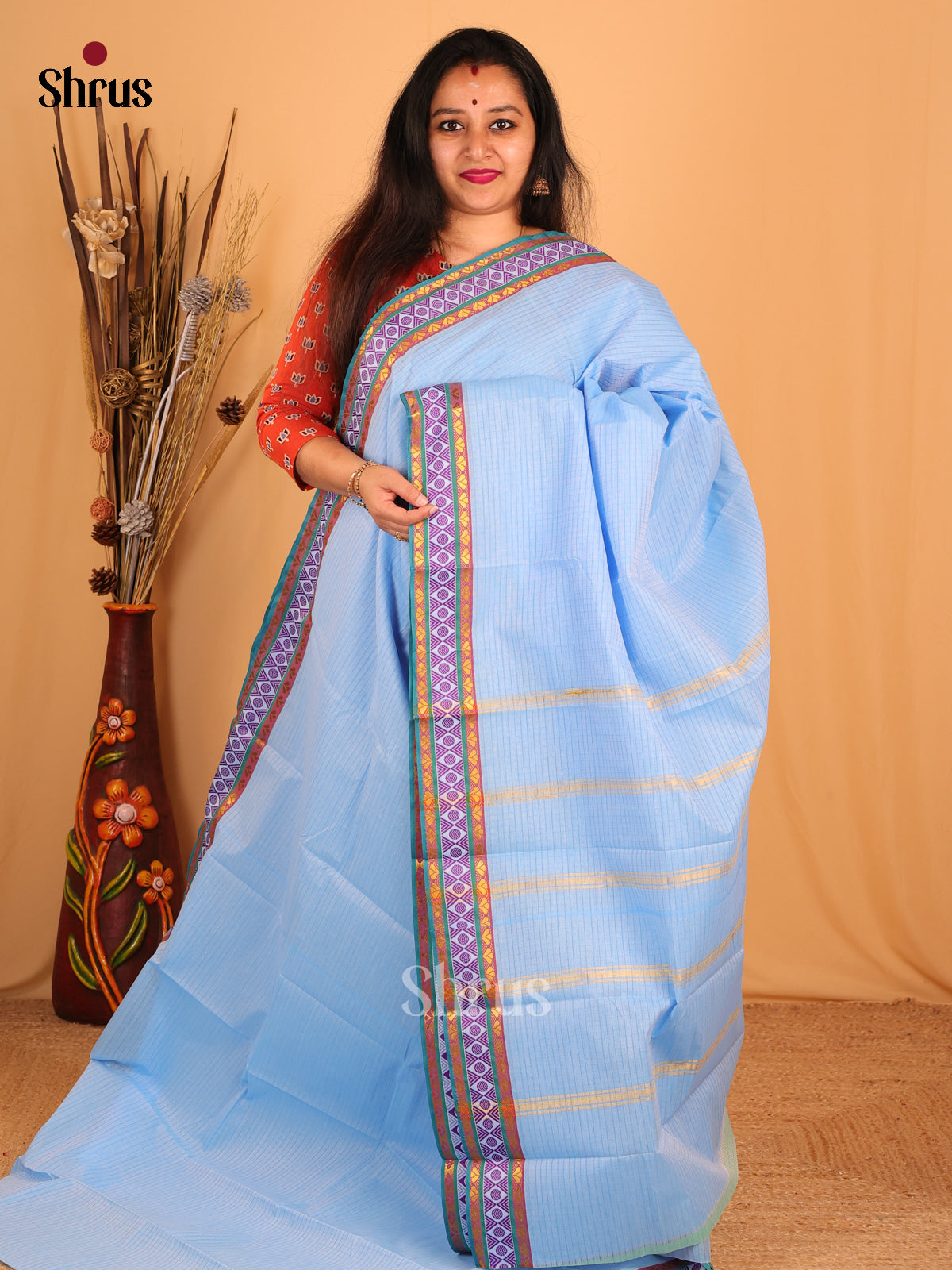 Blue & Purple - South Cotton Saree - Shop on Shrus.com