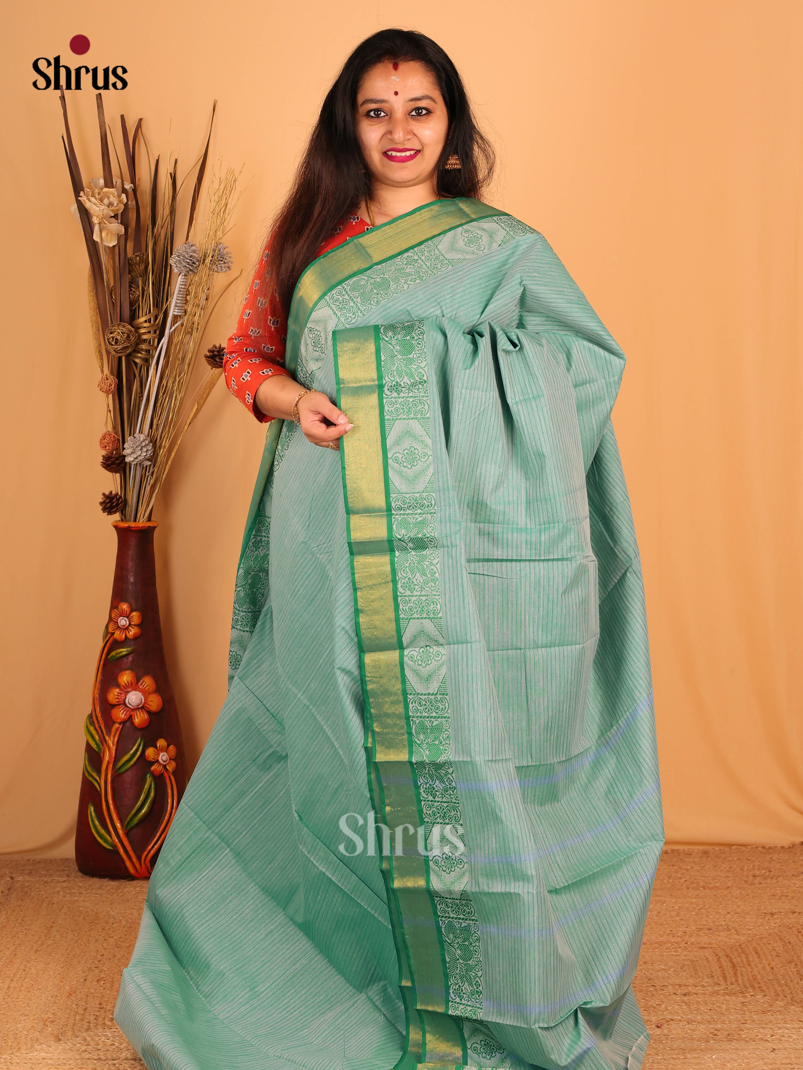 Pastel Green & Green - South Cotton Saree - Shop on Shrus.com