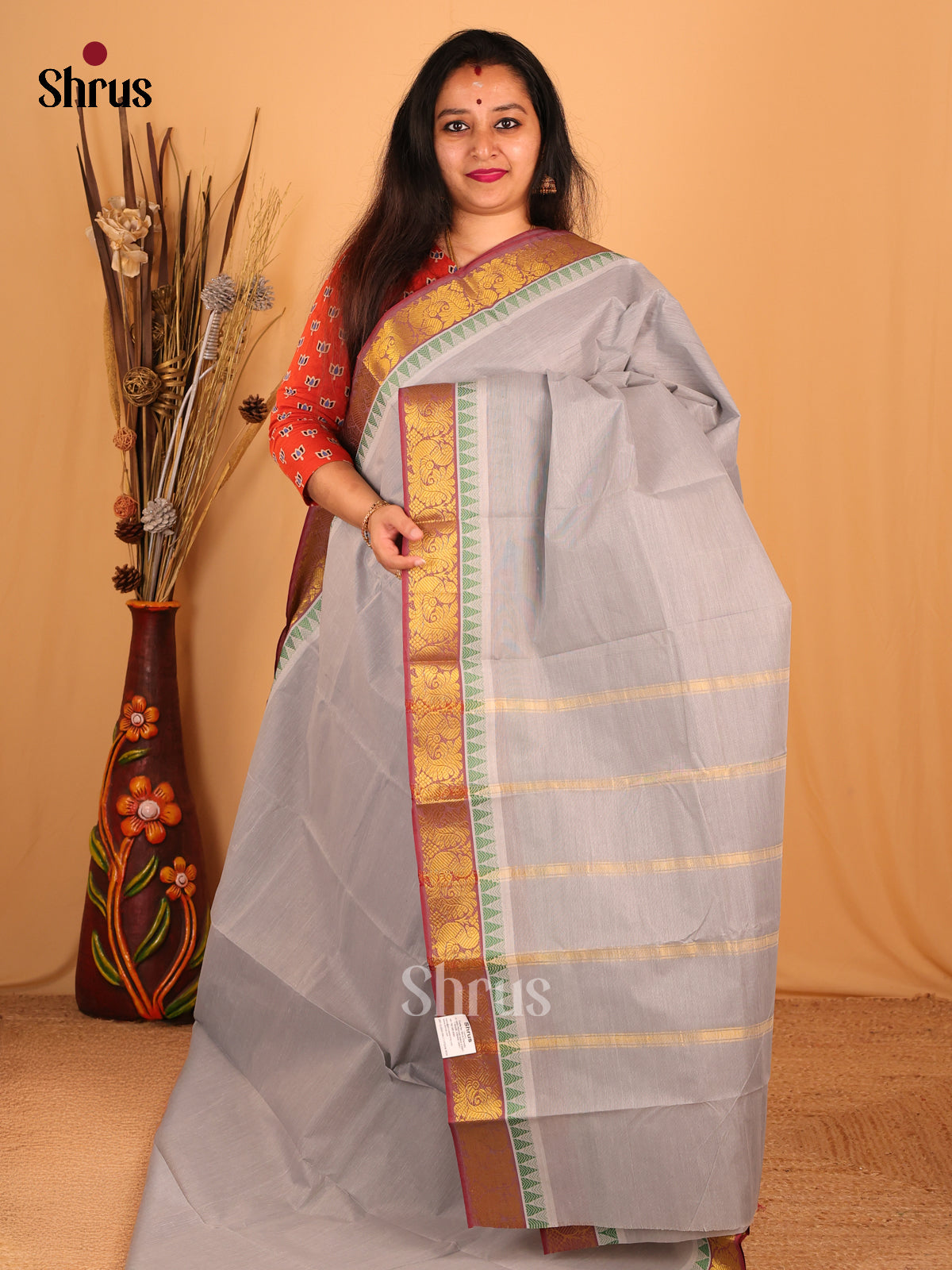 Grey & Maroon - South Cotton Saree - Shop on Shrus.com