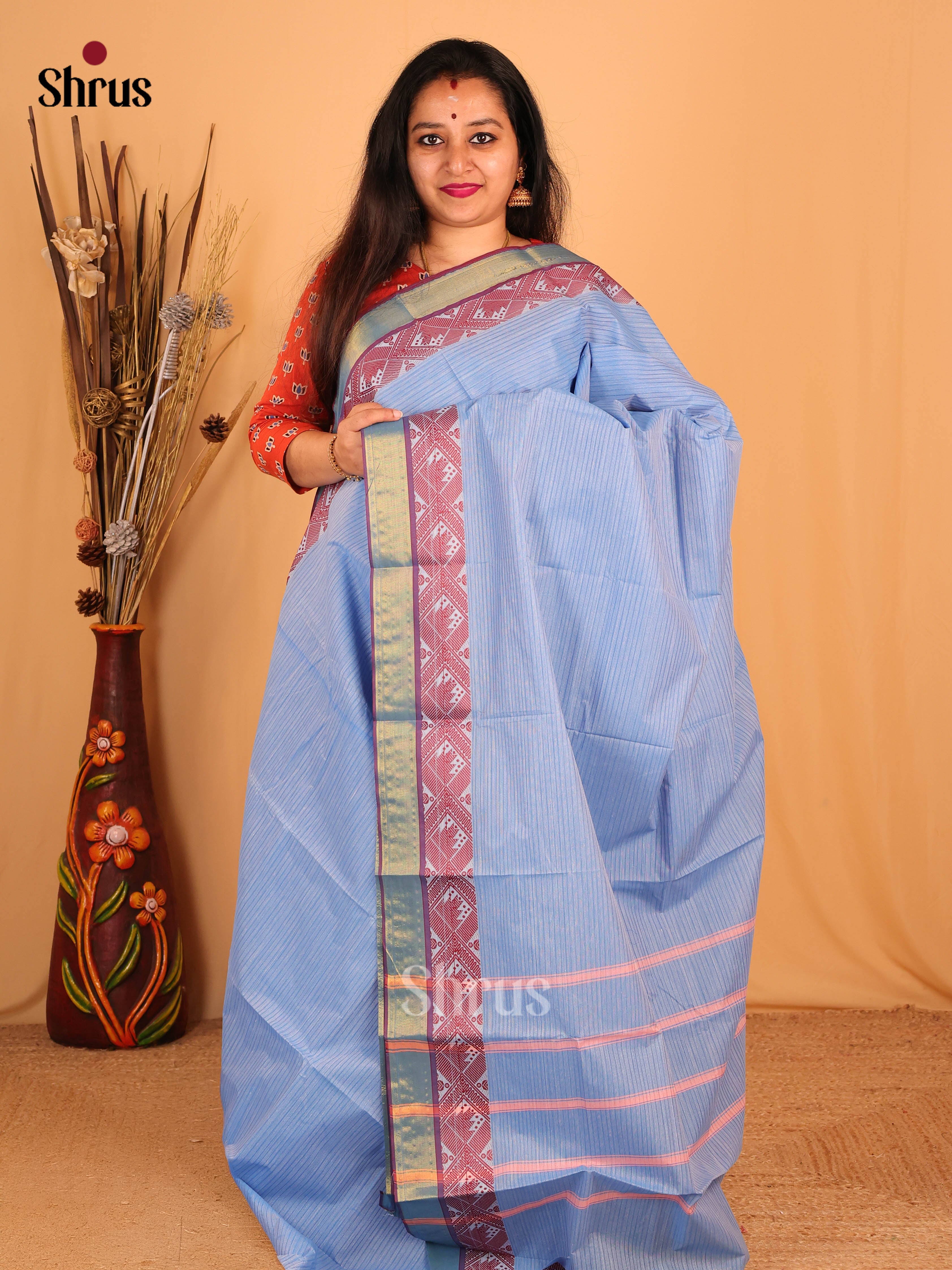 Blue & Purple - South Cotton Saree - Shop on Shrus.com