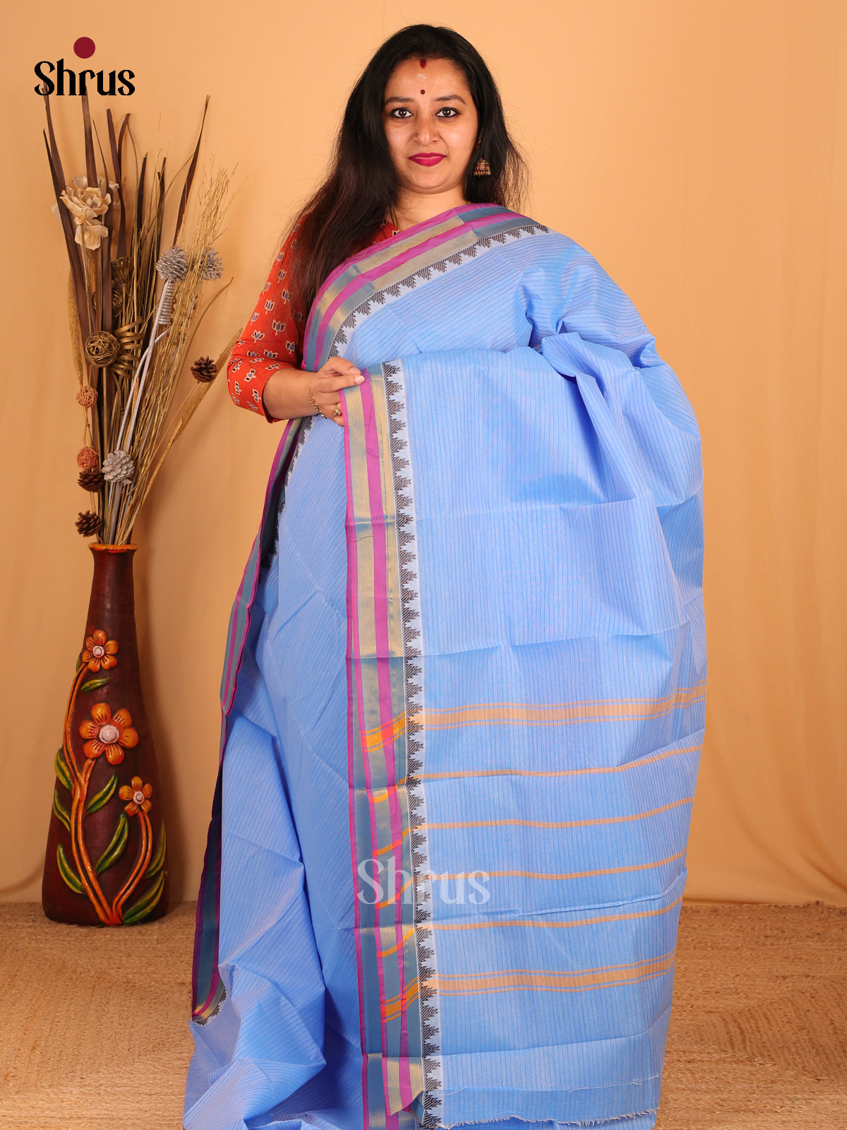Blue & Purple - South Cotton Saree - Shop on Shrus.com
