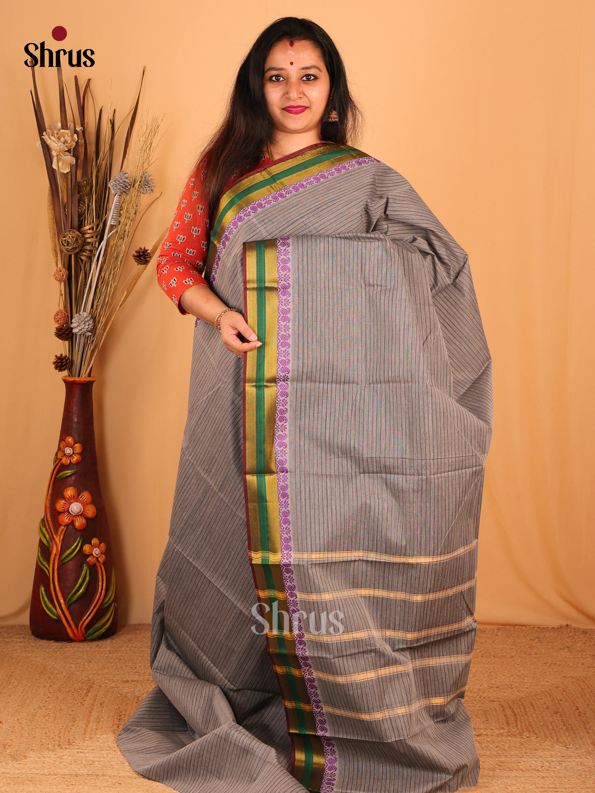 Grey & Maroon- South Cotton Saree - Shop on Shrus.com