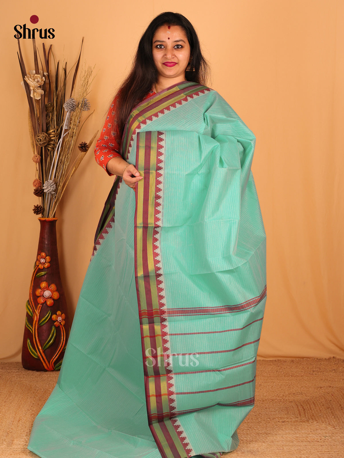 Pastel Green & Maroon- South Cotton Saree - Shop on Shrus.com