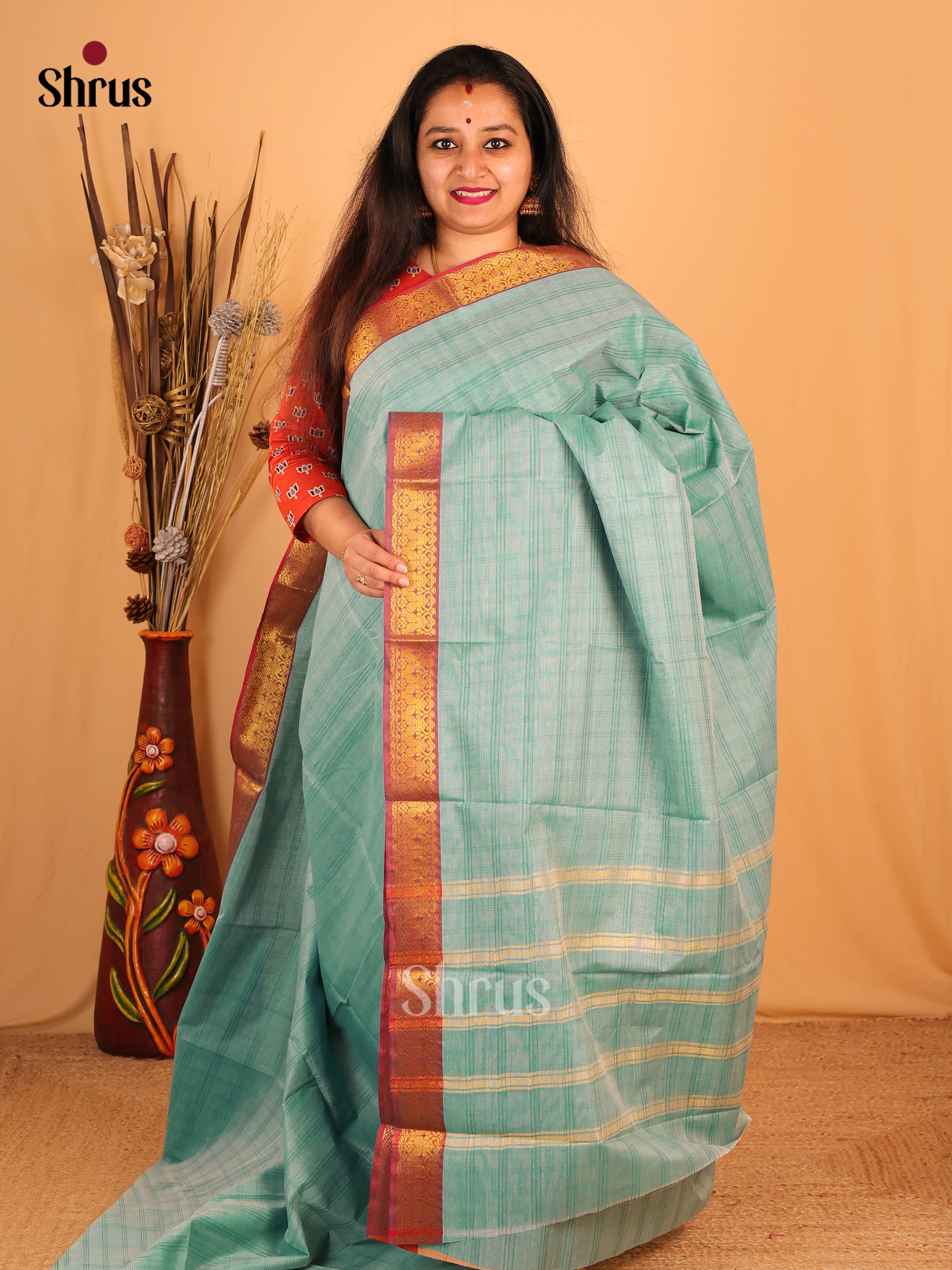Pastel Green & Brown - South Cotton Saree - Shop on Shrus.com